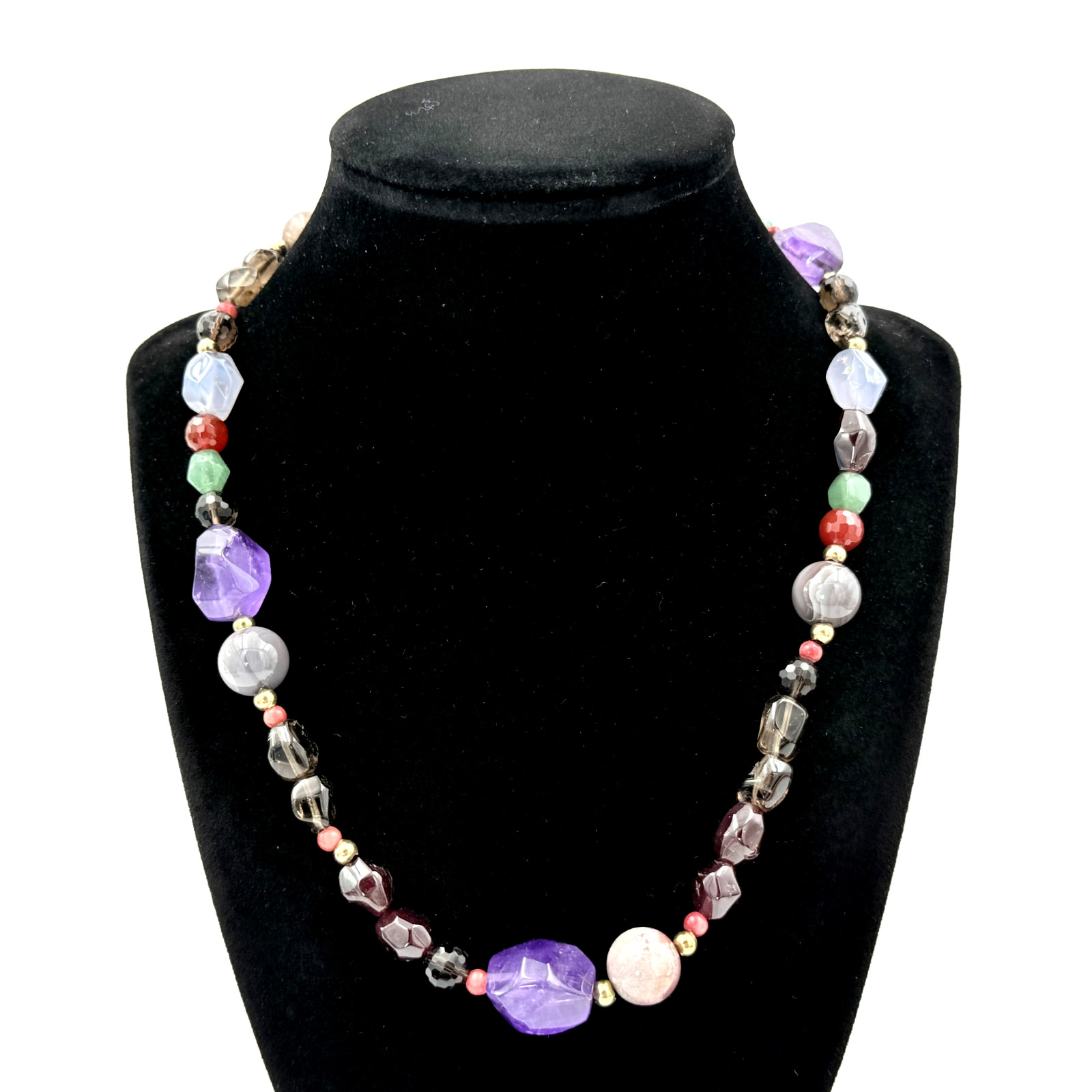 Spectacular 14K Gold Amethyst Garnet Quartz Chalcedony Beaded Necklace