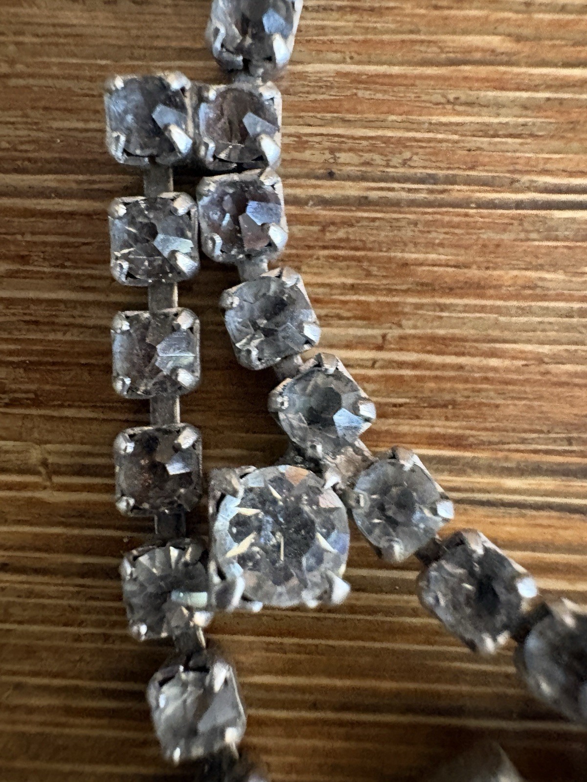 Vintage ArtDeco Necklace Clear / Gray Rhinestone Rhodium Plate Prong Princess