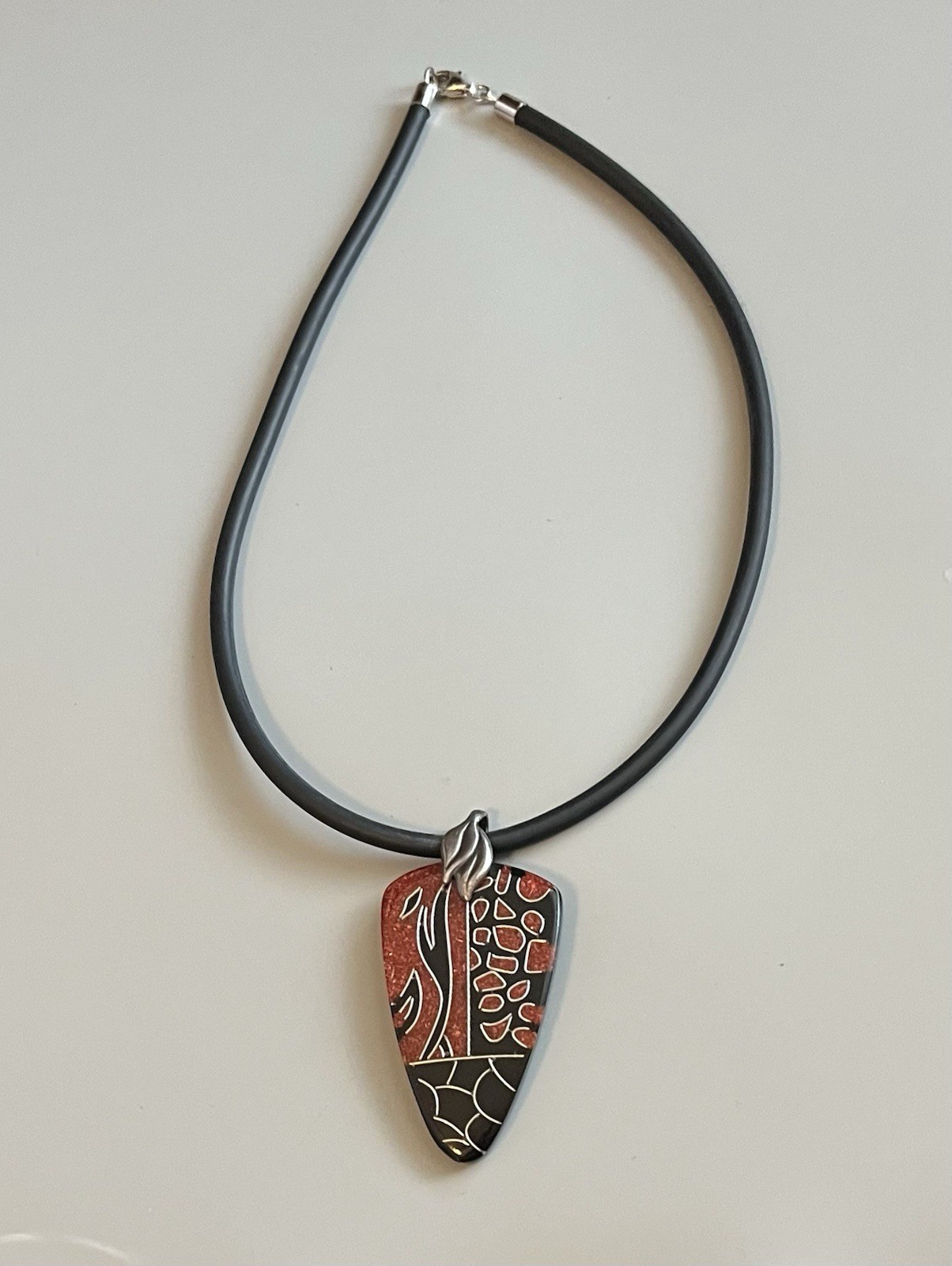 VTG Black Lacquer Abstract Pendant Sterling Clasp-Black Cord-Necklace 16.5”