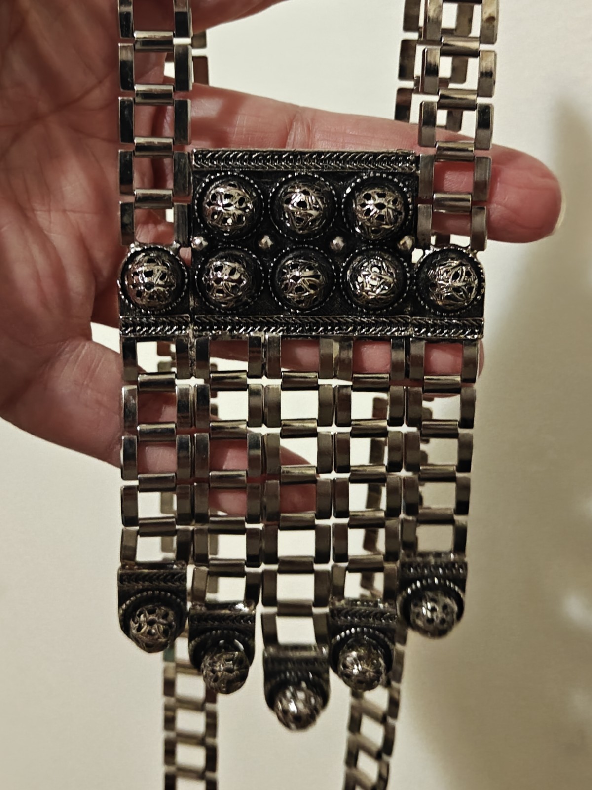 Vintage SIGNED Designer EDLEE 70’s Modernist Long Fringed Necklace 30” Silver