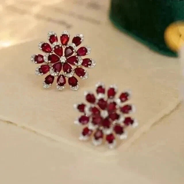 Art Deco Style Lab Created Diamond & Red Garnet Anniversary 14K Gold FN Earrings