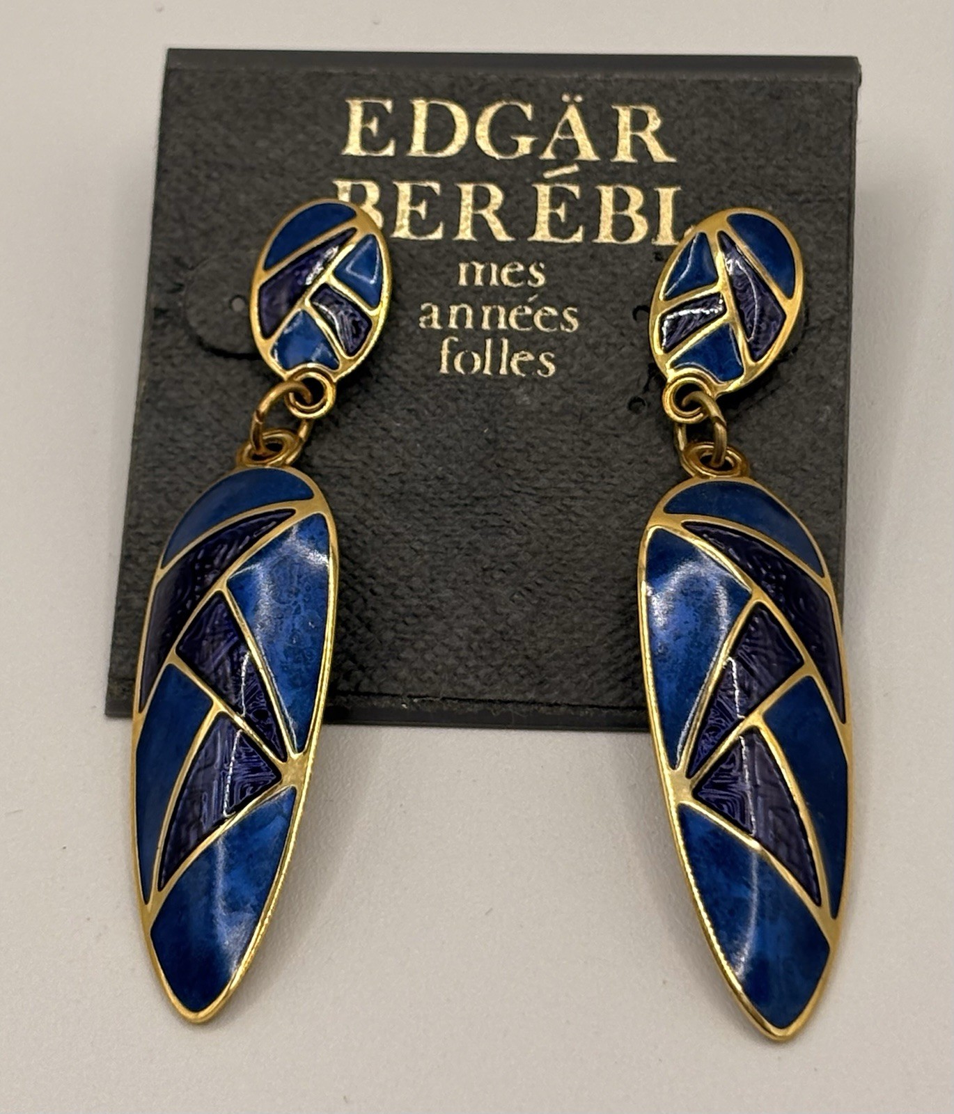 Edgar Berebi Mes Annees Folles Blue Enamel Gold Tone Dangle Earrings NOS Carded