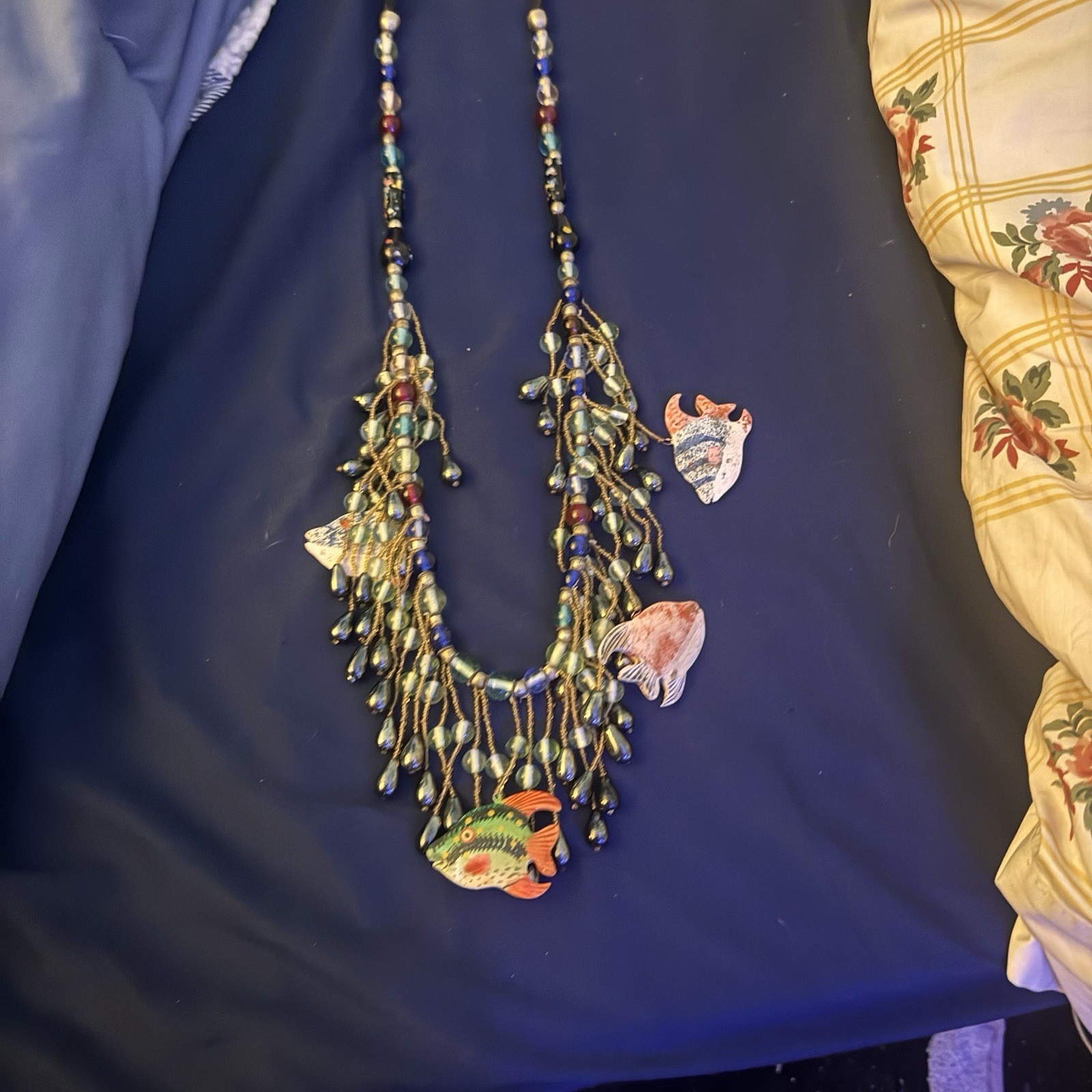 Vintage Tropical Triggerfish Necklace. Beaded, Large, Leave With Rope Tie.