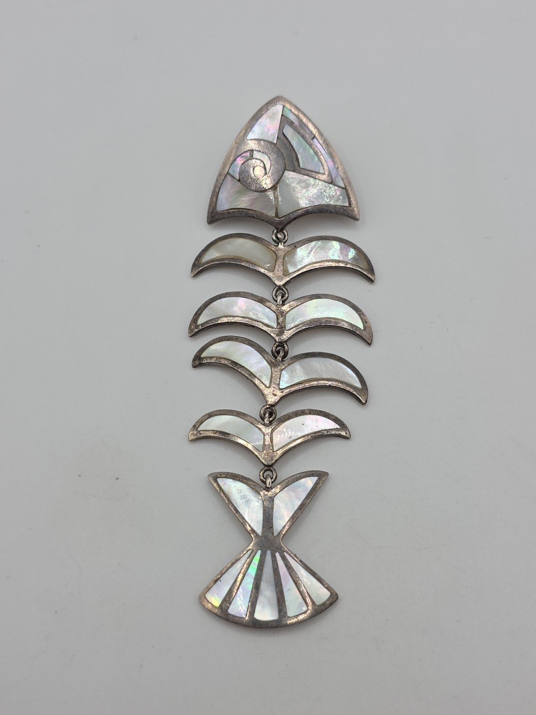 Vintage Sterling Silver 925 MoP Fish Bone Dangle Pendant