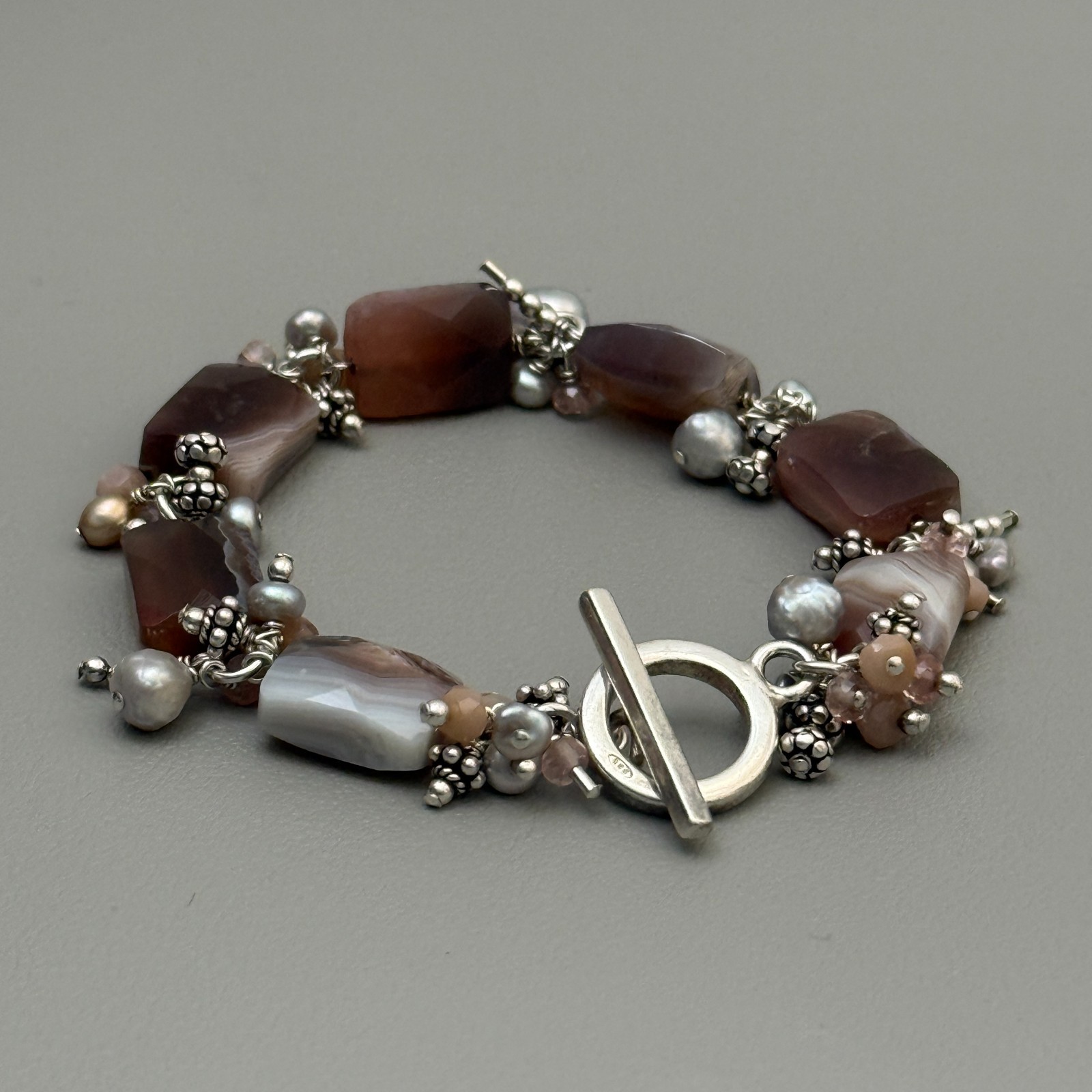 Artisan 925 Sterling Silver Banded Agate Pearl Bracelet Toggle Clasp 7″ Vintage