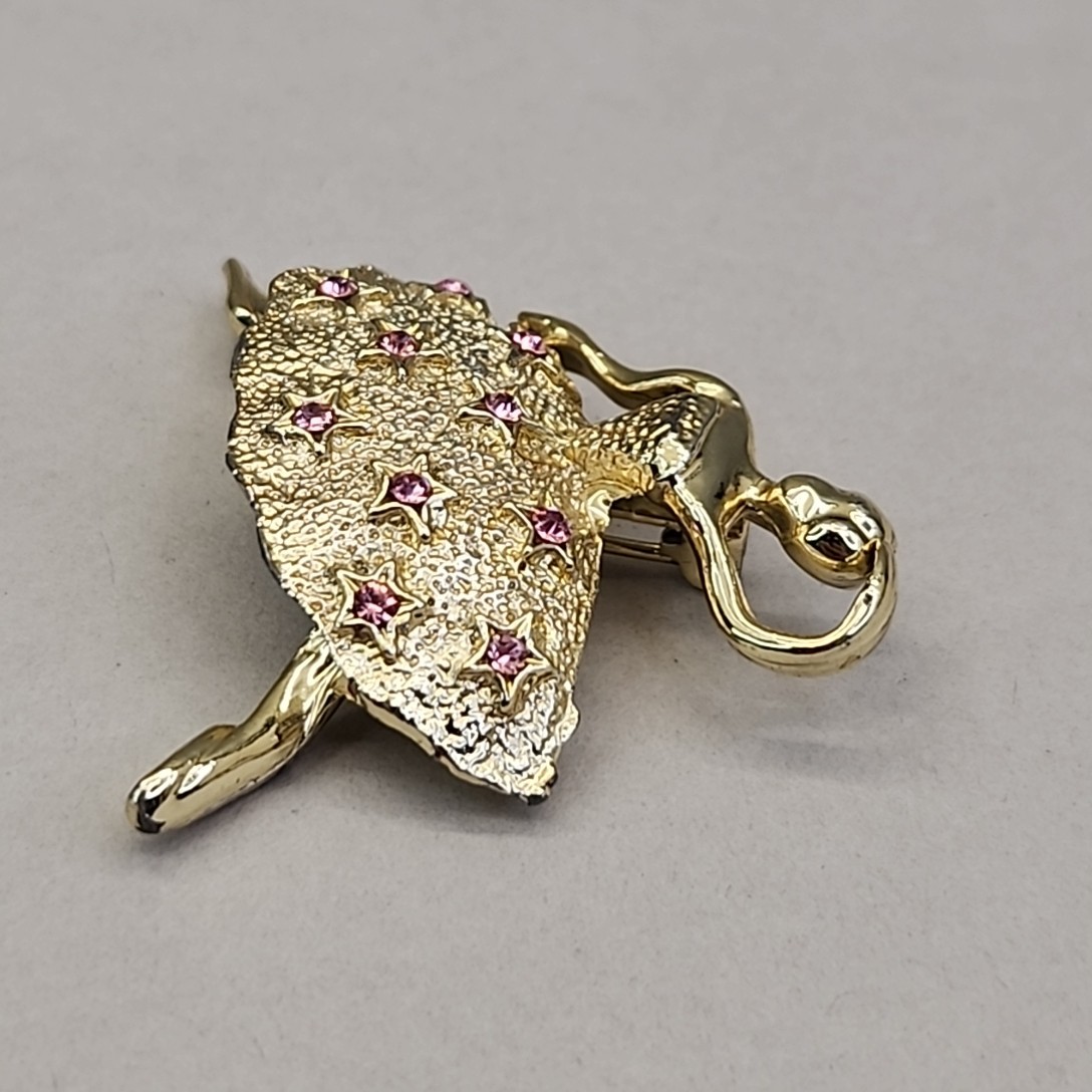 Vintage Ballerina Brooch Pink Rhinestones Gold Tone Speckled 1 5/8″