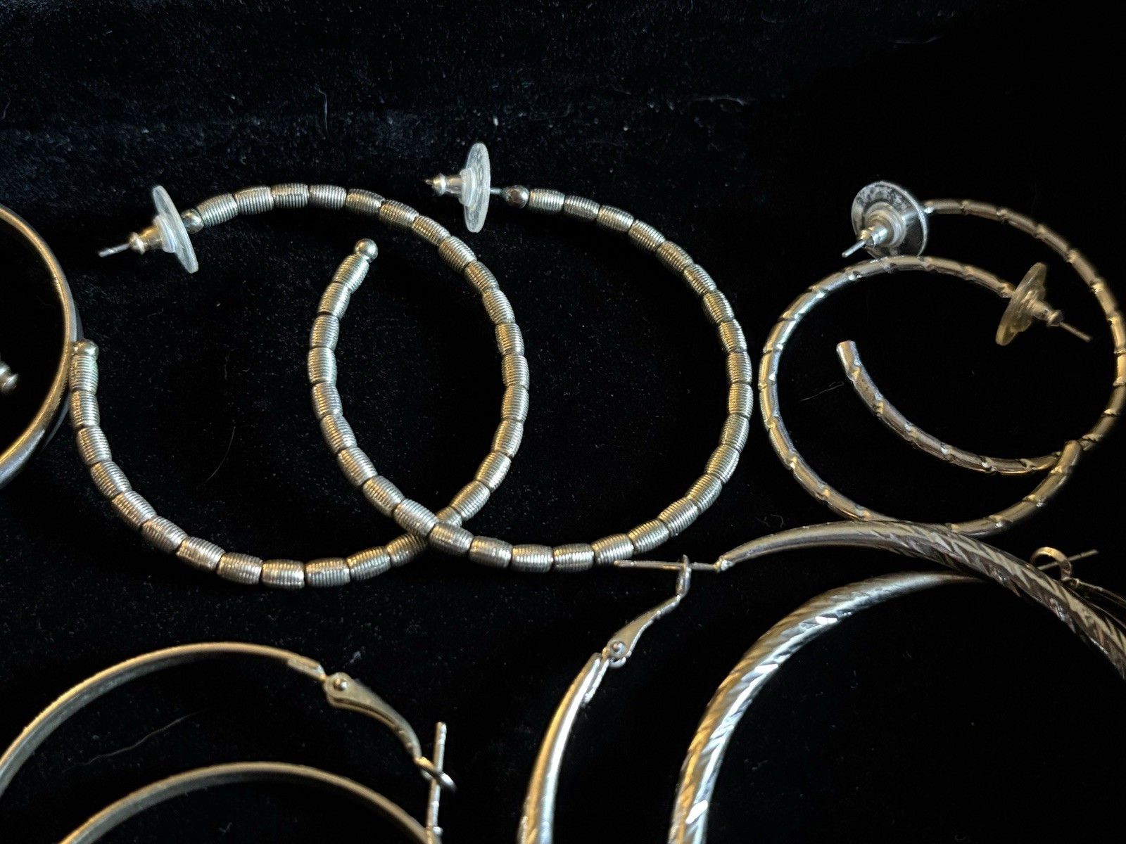 14 Pairs Assorted Vintage Hoop Earrings Various Sizes And Styles Silver Tone