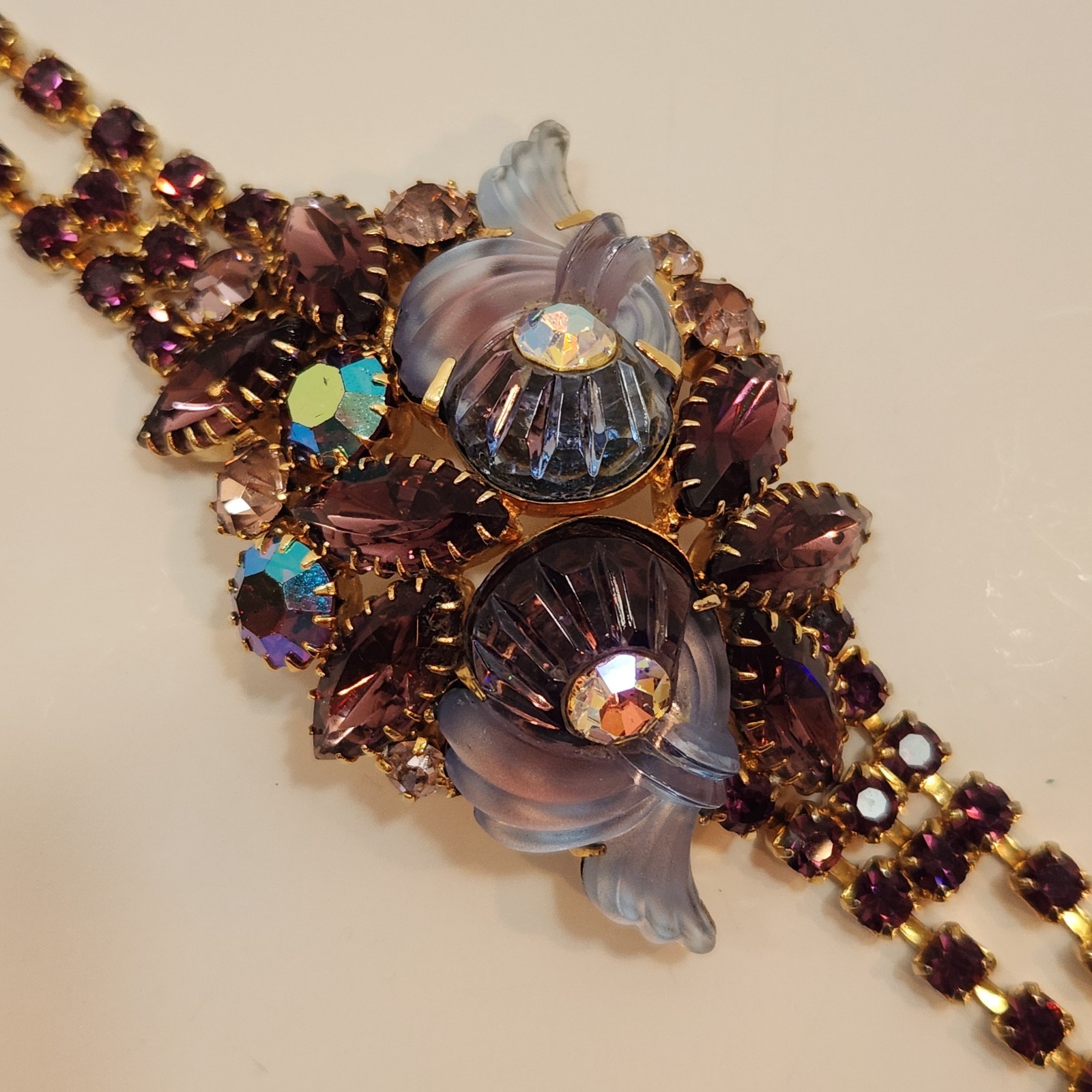 Vintage Edlee Amethyst Purple Molded Glass/Rhinestone Bracelet & Earring Set