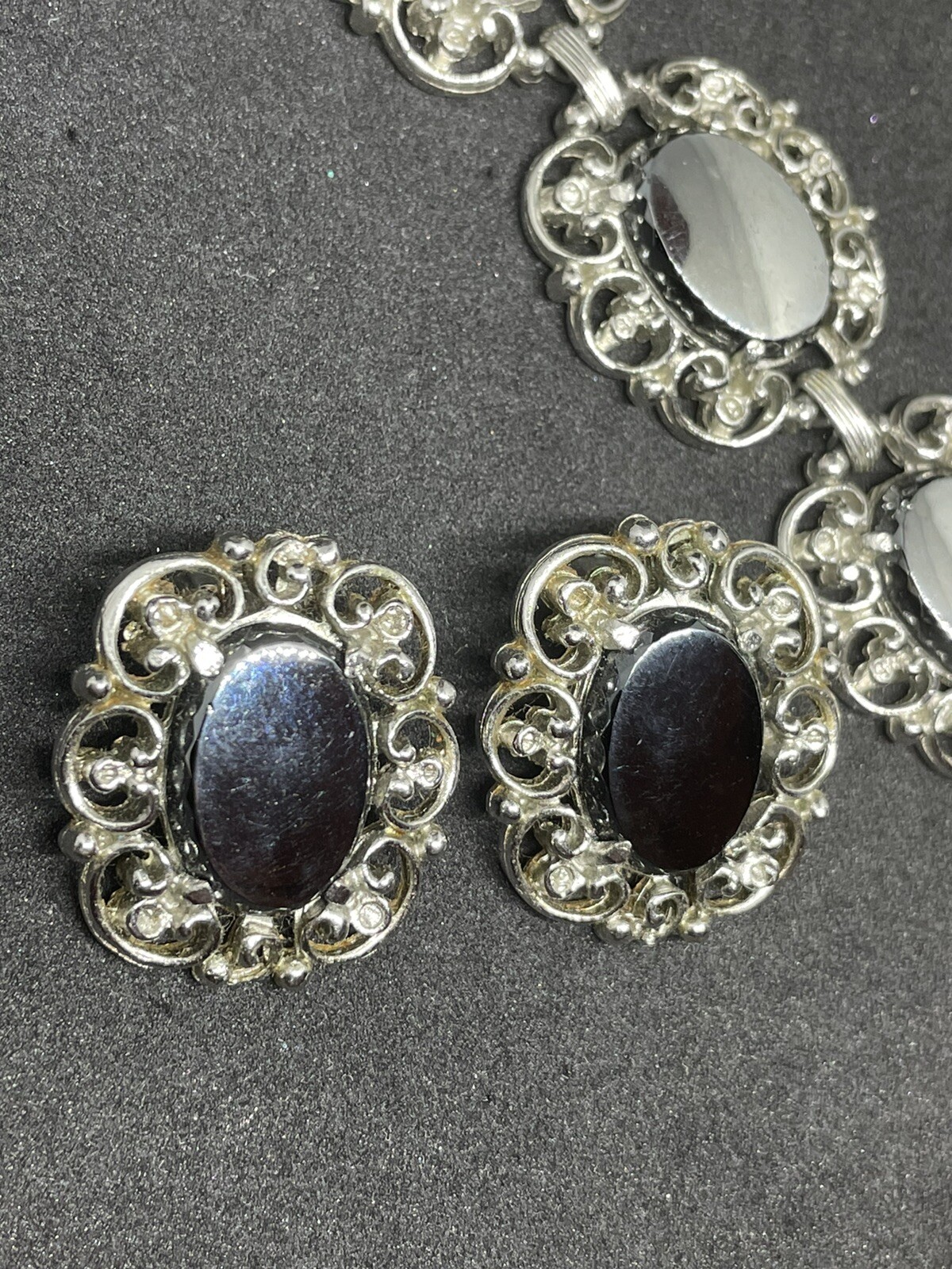 Vintage set clip on earrings/bracelet Silver Tone Dark Grey Stone Security Chain