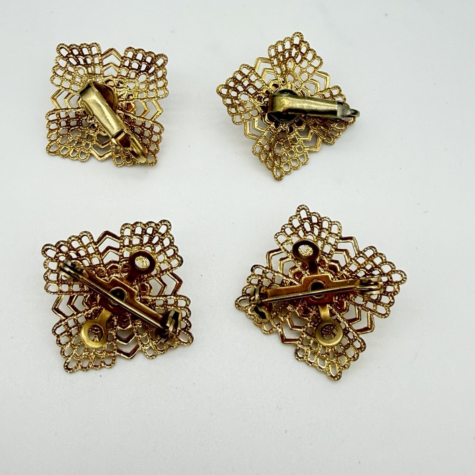 Vintage AB Rhinestone Brooch Pendant Clip On Earring Set Gold Tone Filigree Read