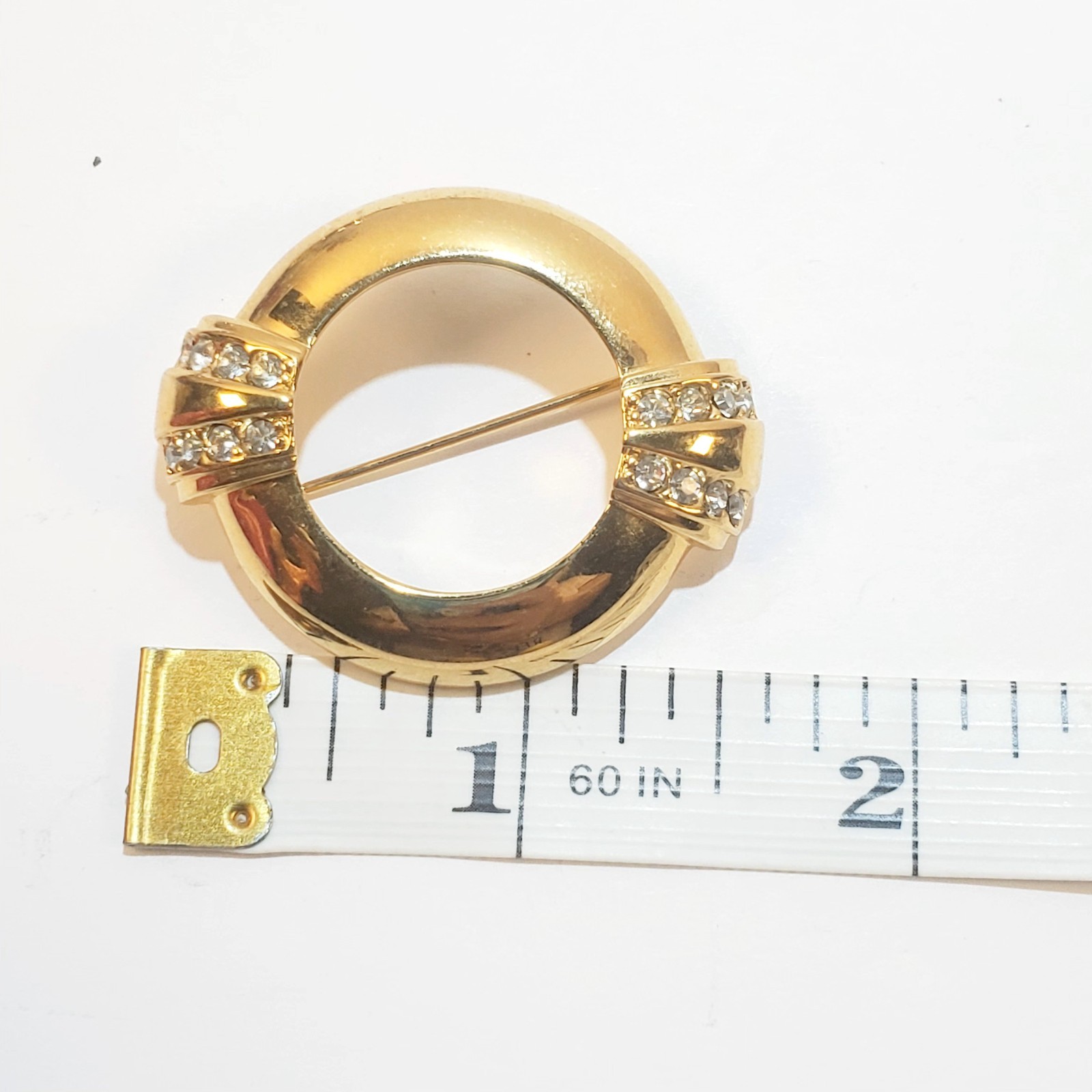 Vtg Signed Avon Gold Tone Metal Circle Rhinestones 100 yr Anniversary Brooch Pin