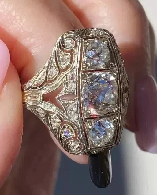 Art Deco Style 3.28Ct Lab Created Diamond 3-Stone Wedding 14K White Gold FN Ring