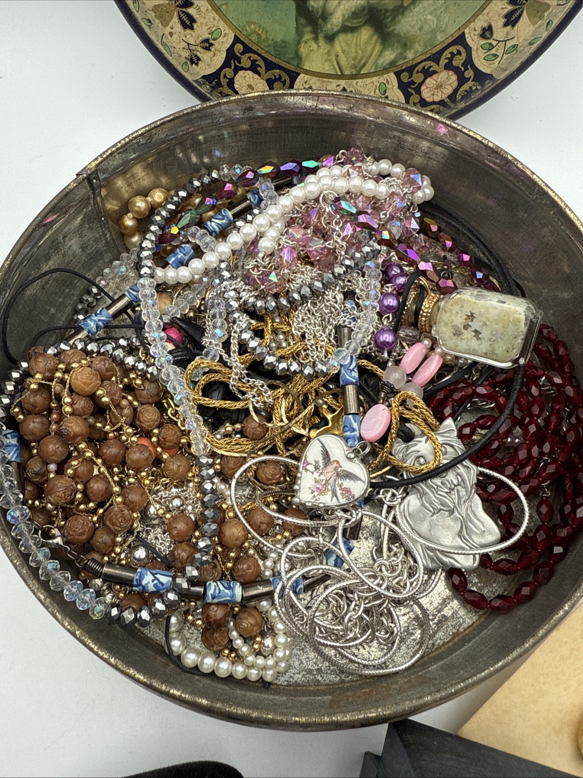 Vintage Tin Filled With Vintage Jewelry Necklaces, Earrings, Rings