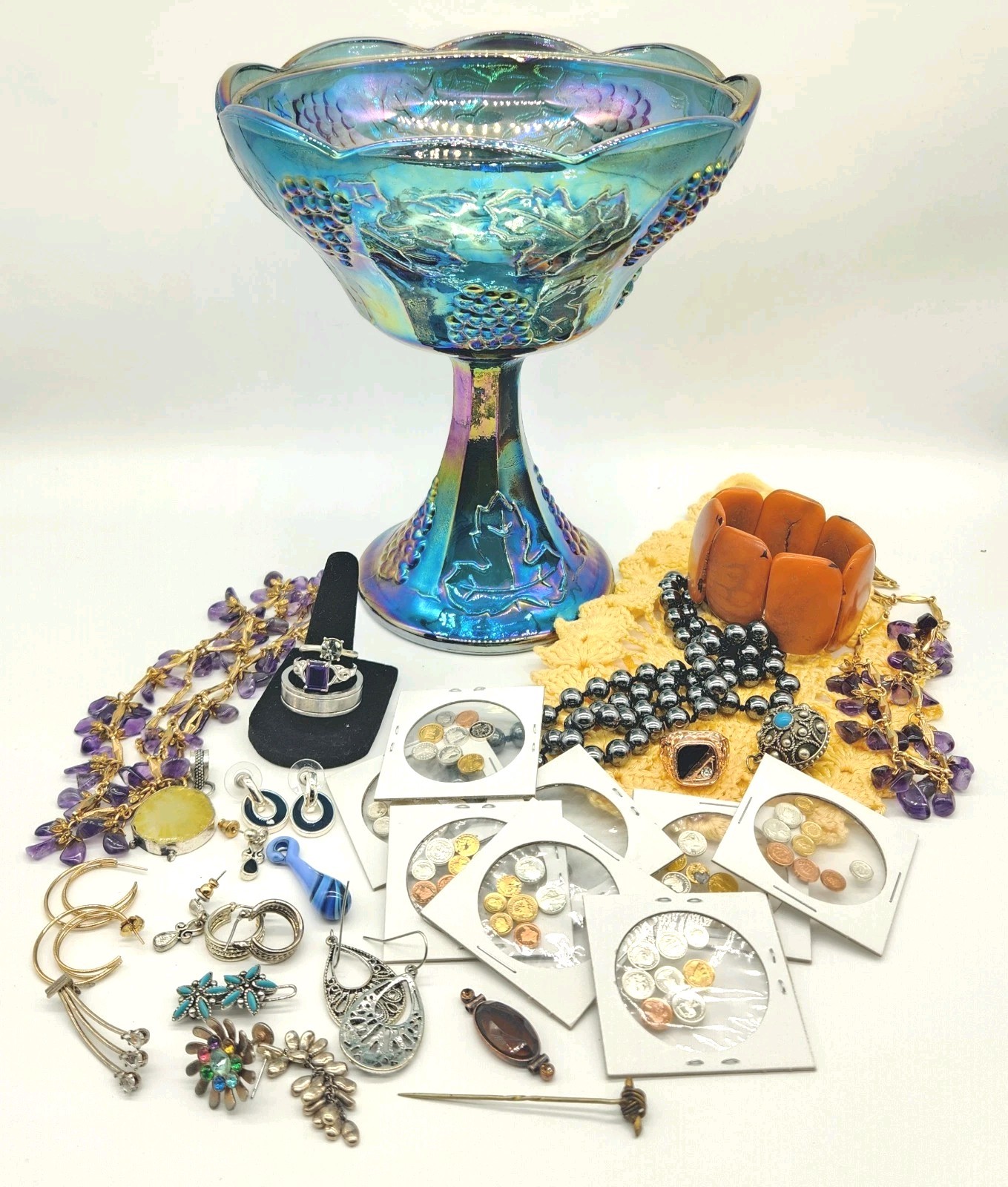 Estate Mixed Jewelry Lot + Mini Coins + Carnival Glass Bowl Unsearched Untested