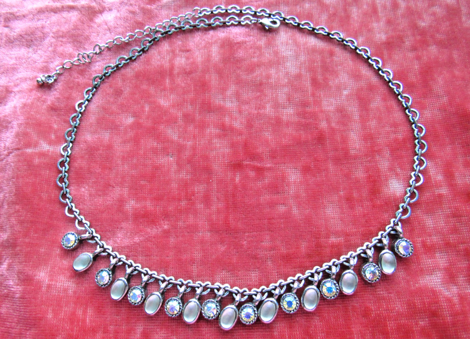 Vintage Necklace Unusual Heart Link Chain AB Rhinestones Glass Moonstone Dangles