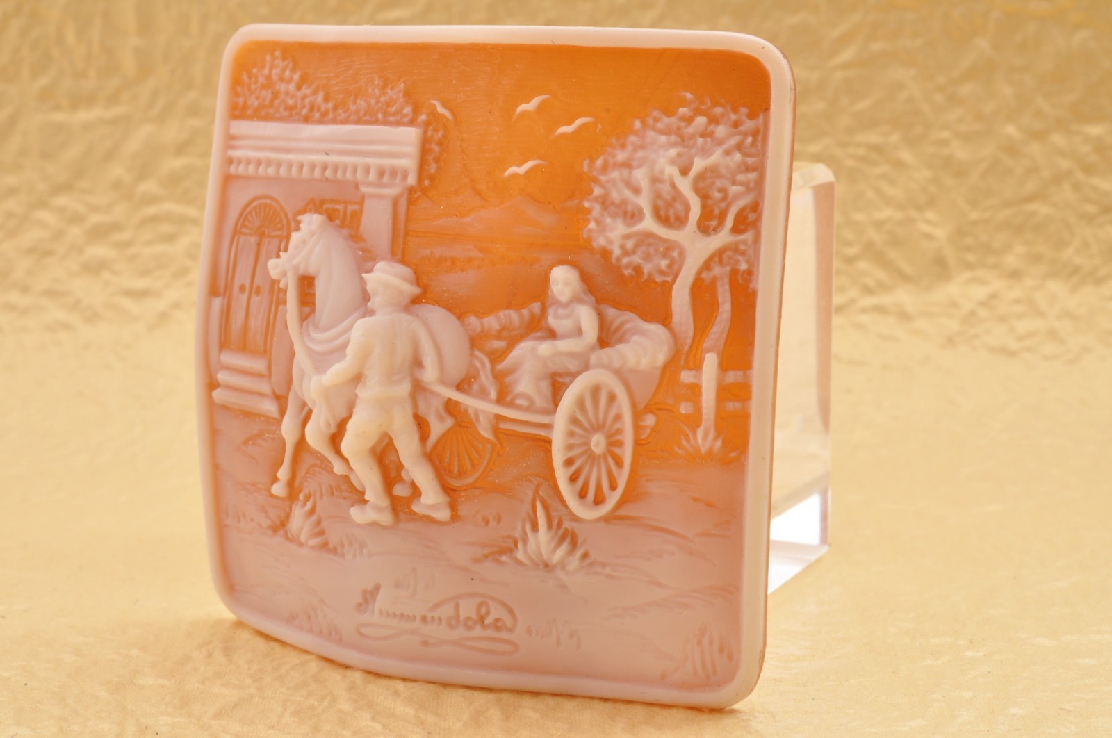 Vintage square shell cameo, carved “Women going out”, (74.5ct) sign by artist.