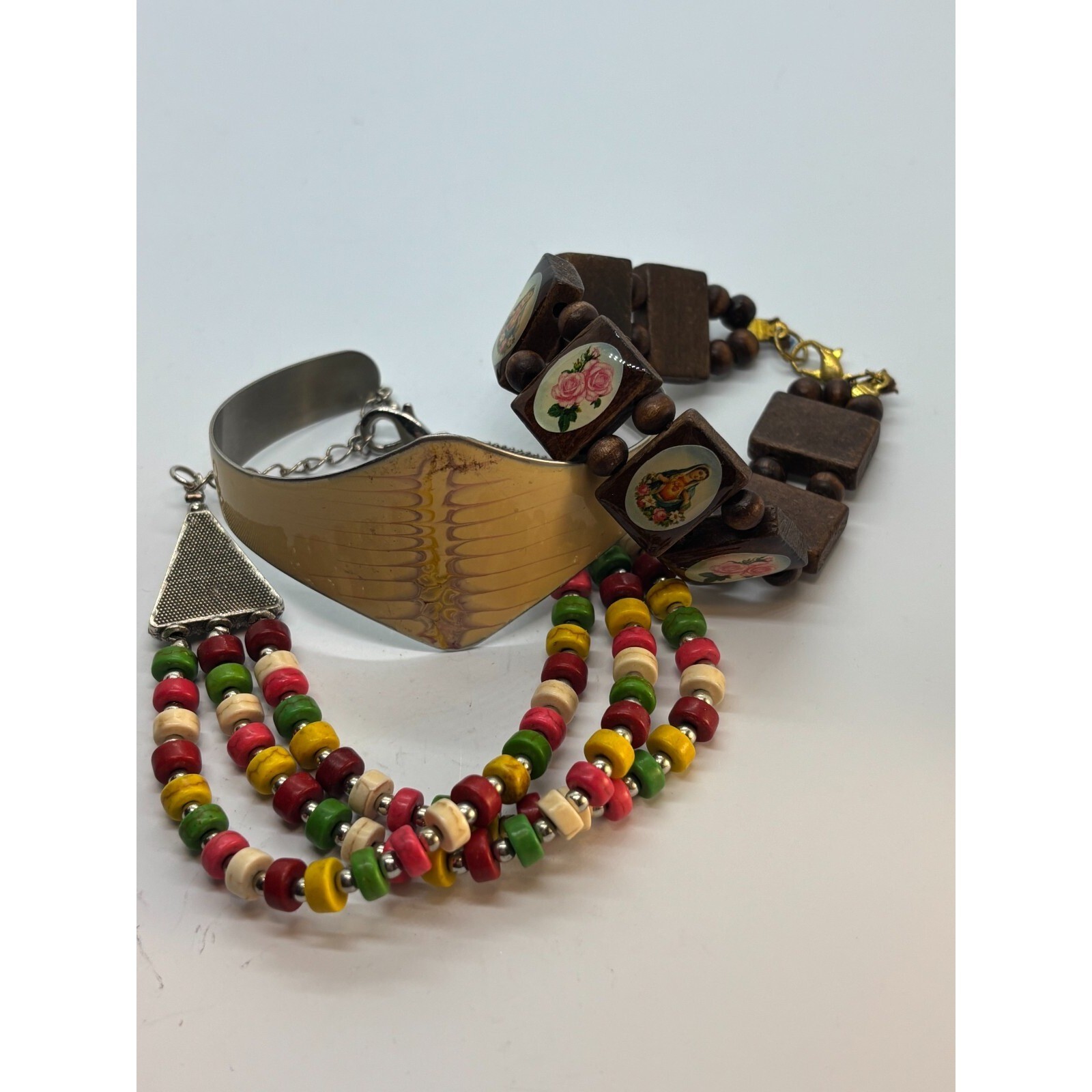 Bracelets Lot Boho Beaded Metal Cuff Wood Religious Iconography Vintage