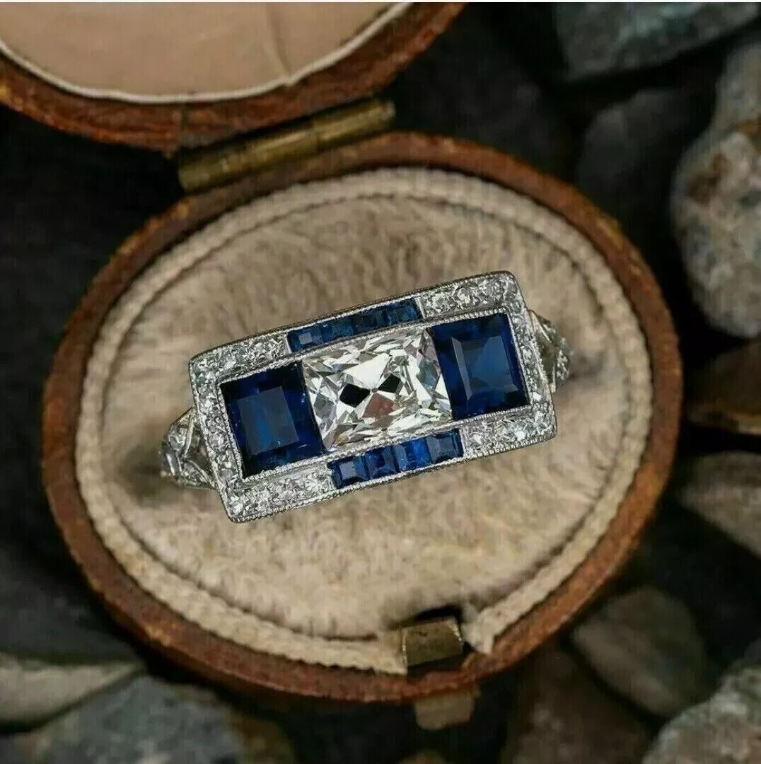 Art Deco Style Lab Created Diamond & Sapphire Engagement Ring 14K White Gold FN