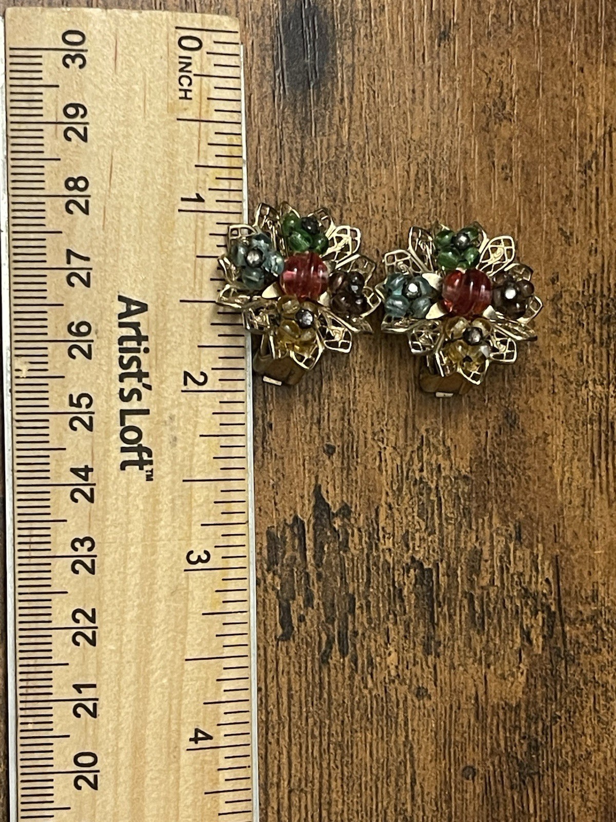 SIGNED REINAD Fruit Salad Clip Earrings Vintage 1940s 50s Multicolor Glass Gold