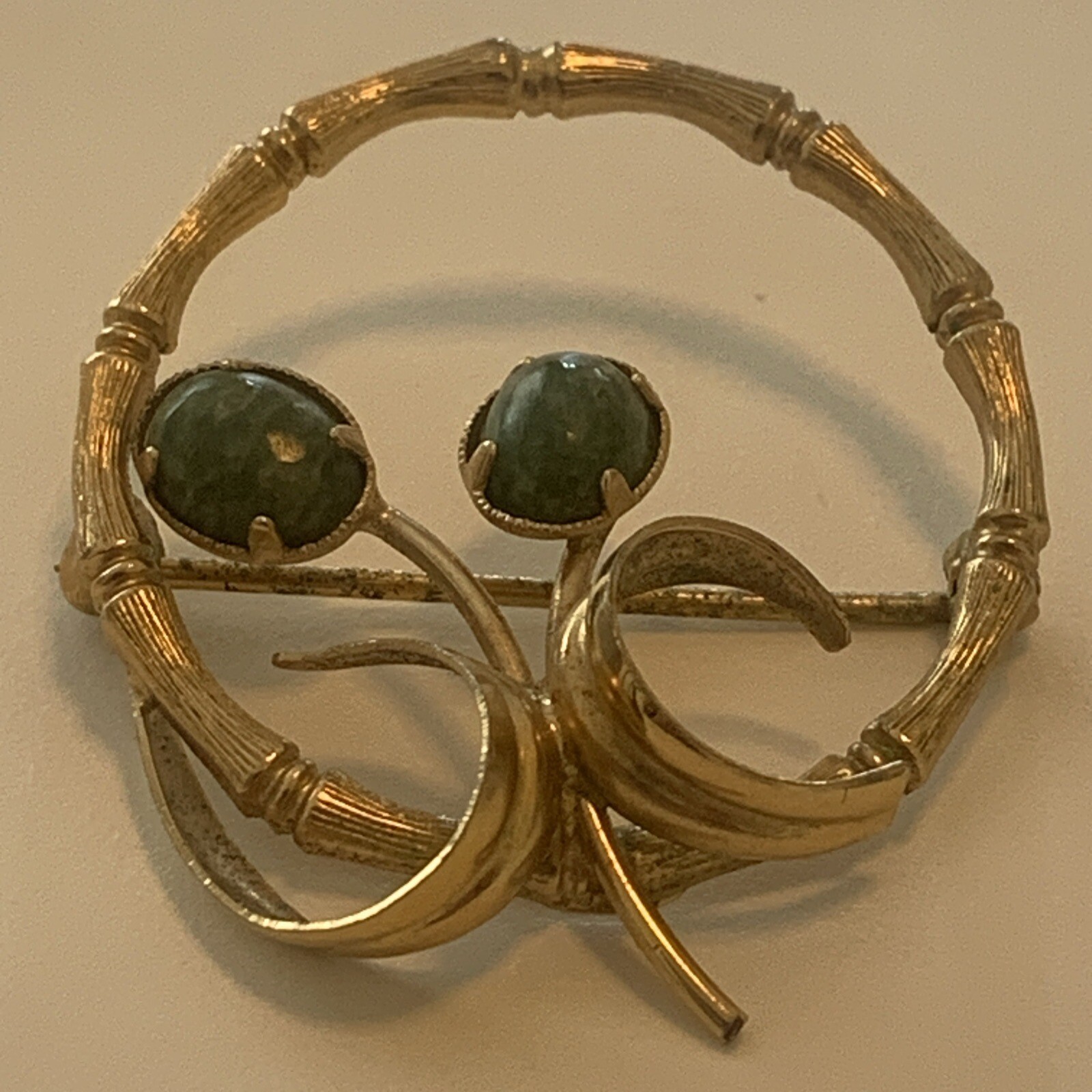 Vintage Signed KL Kordes & Lichtenfels Gold Filled 12K GF Jade Pin Brooch Flower