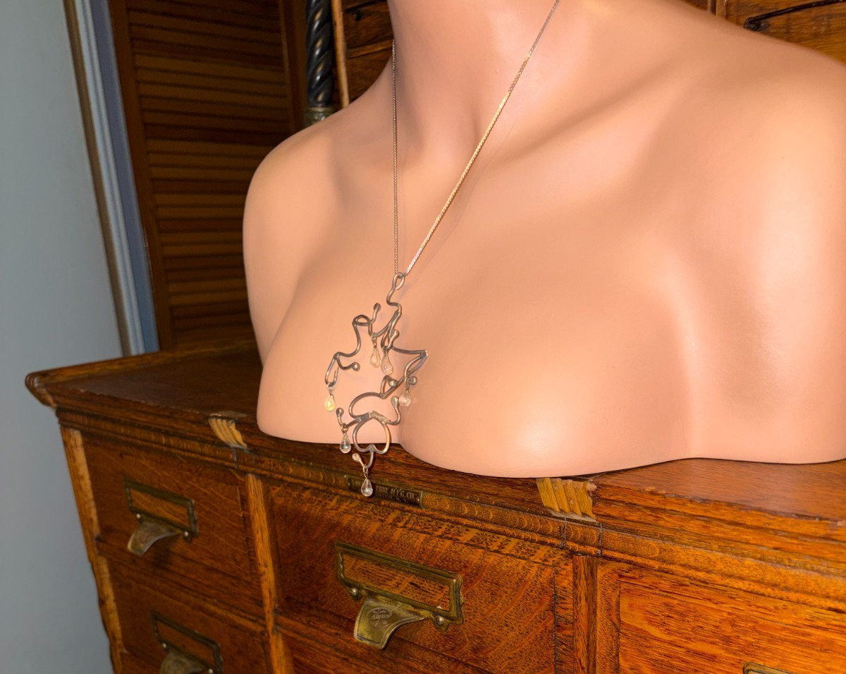 Huge Handcrafted 1960s Abstract Sterling and Rock Crystal Pendant Necklace OOAK