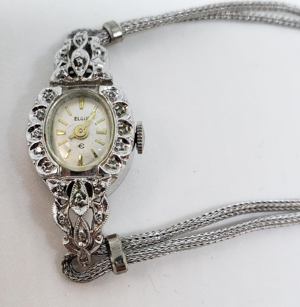 Elgin Cocktail Wristwatch 10k White Gold RGP Bezel Stainless Back JB 10k GF Band