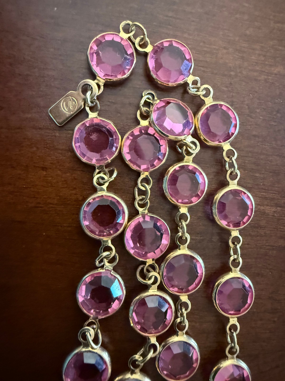 Pink SWAROVSKI Swan Mark 36″ Open Back Bezel Crystal Necklace Goldtone