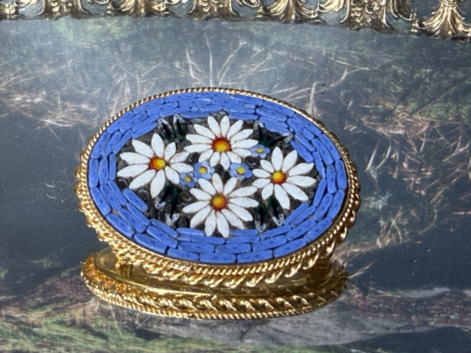 Vintage Italian Micro Mosaic Daisy Flower Floral Gold Tone Oval Pin Brooch