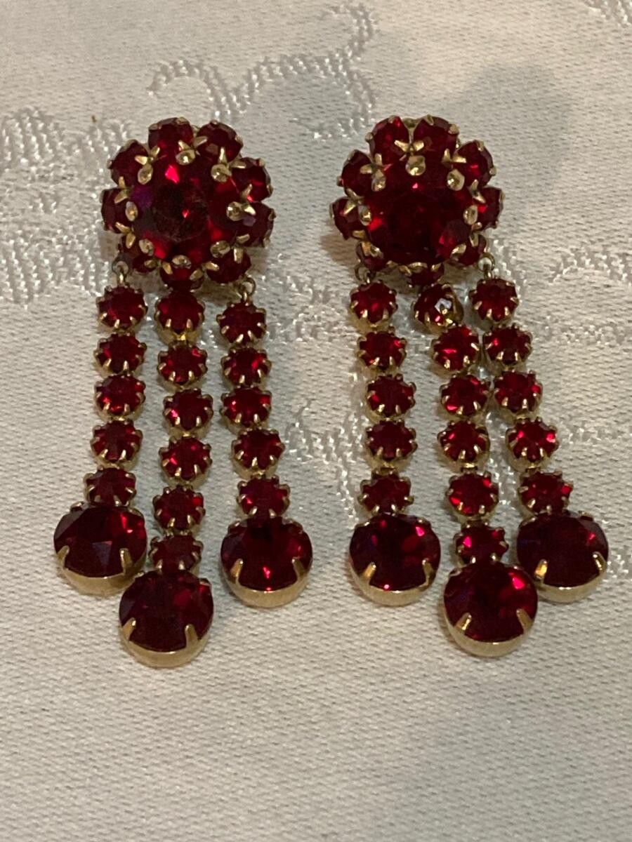 Vintage VOGUE Ruby Red Rhinestone 3 Strand Gold Tone Dangle Earrings Signed