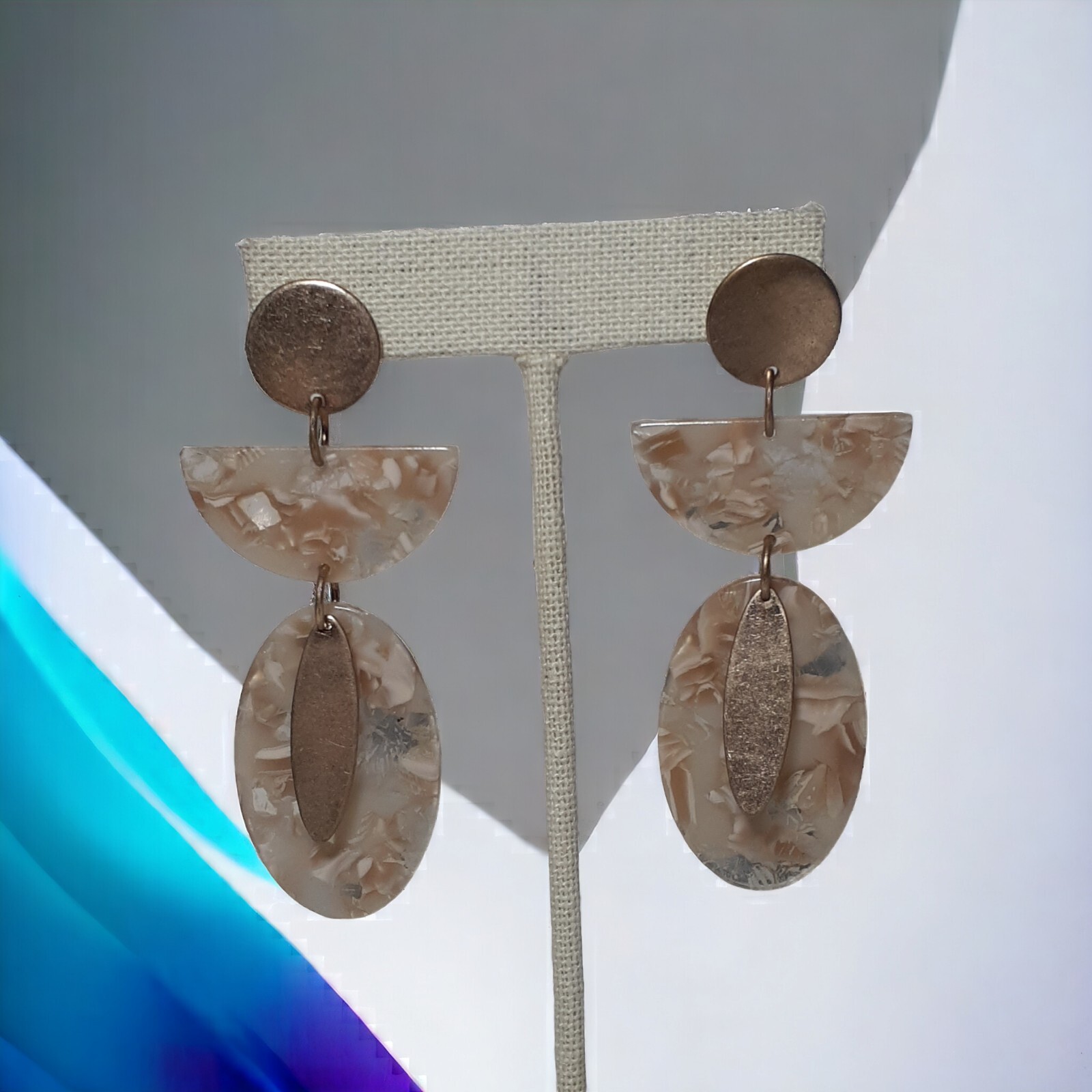 Pierced Dangle Drop Earrings Clear Acrylic with Mixed Inlay Materials 3″