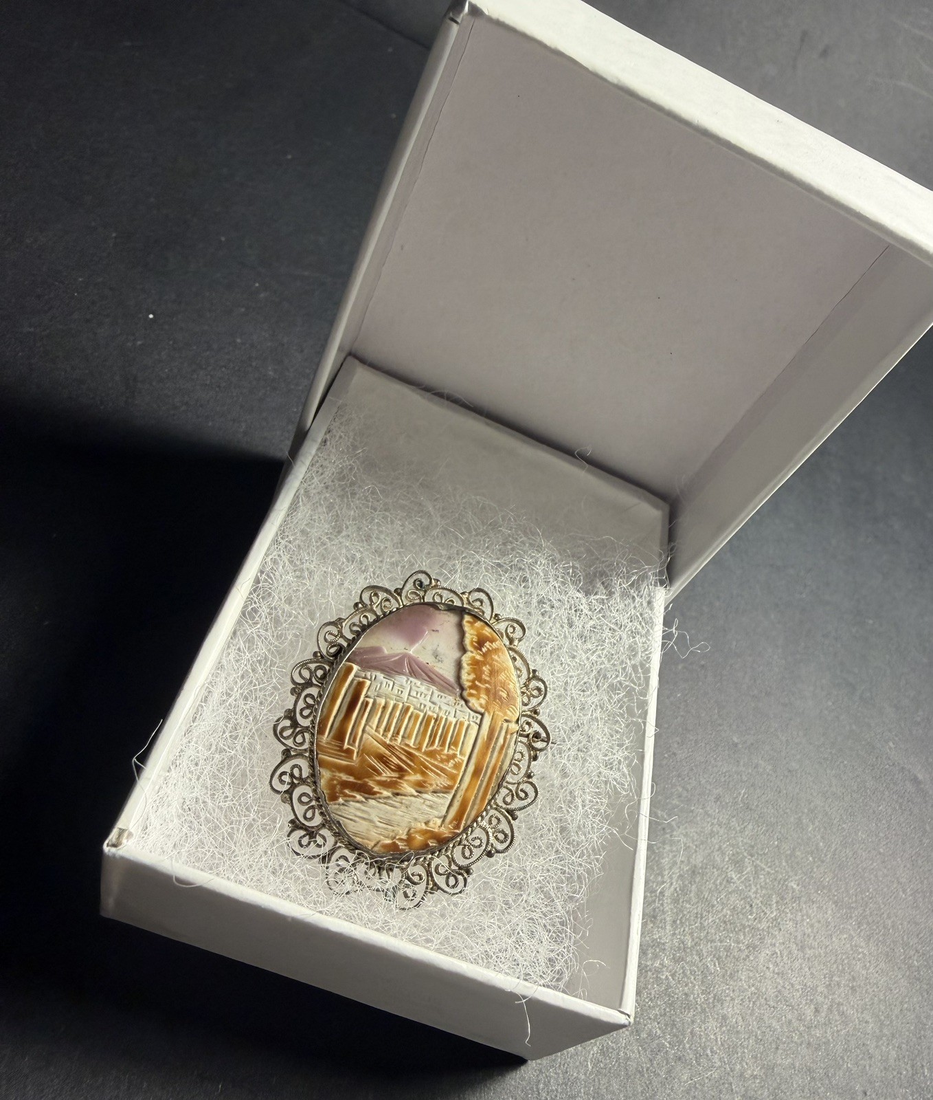 Antique Scenic Landscape Cameo Brooch Pendant Carved Shell