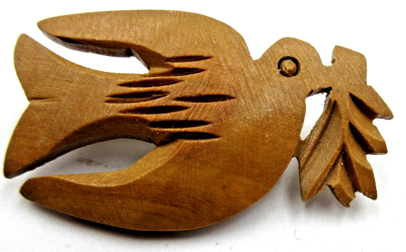 VTG 1 5/8 BROWN WOODEN WOOD CARVED BIRD tree branch Brooch silver tone metal pin
