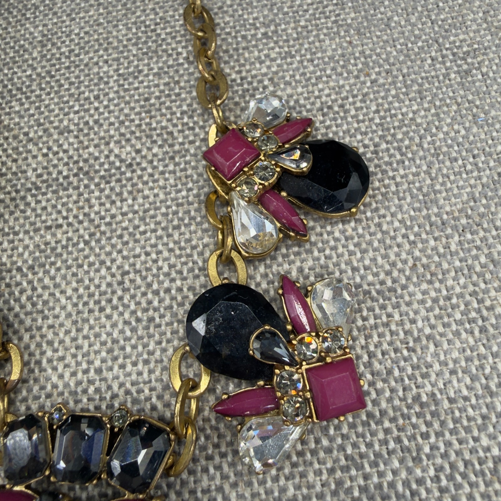 Vintage J Crew Necklace Jeweled Statement Burgundy Black Gold Tone 19 Inches