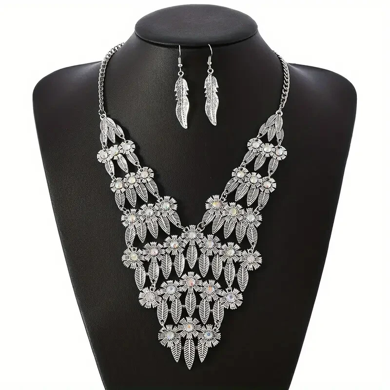 Silver Tone Leaf Crystals Accent Dangle Necklace Earrings Set