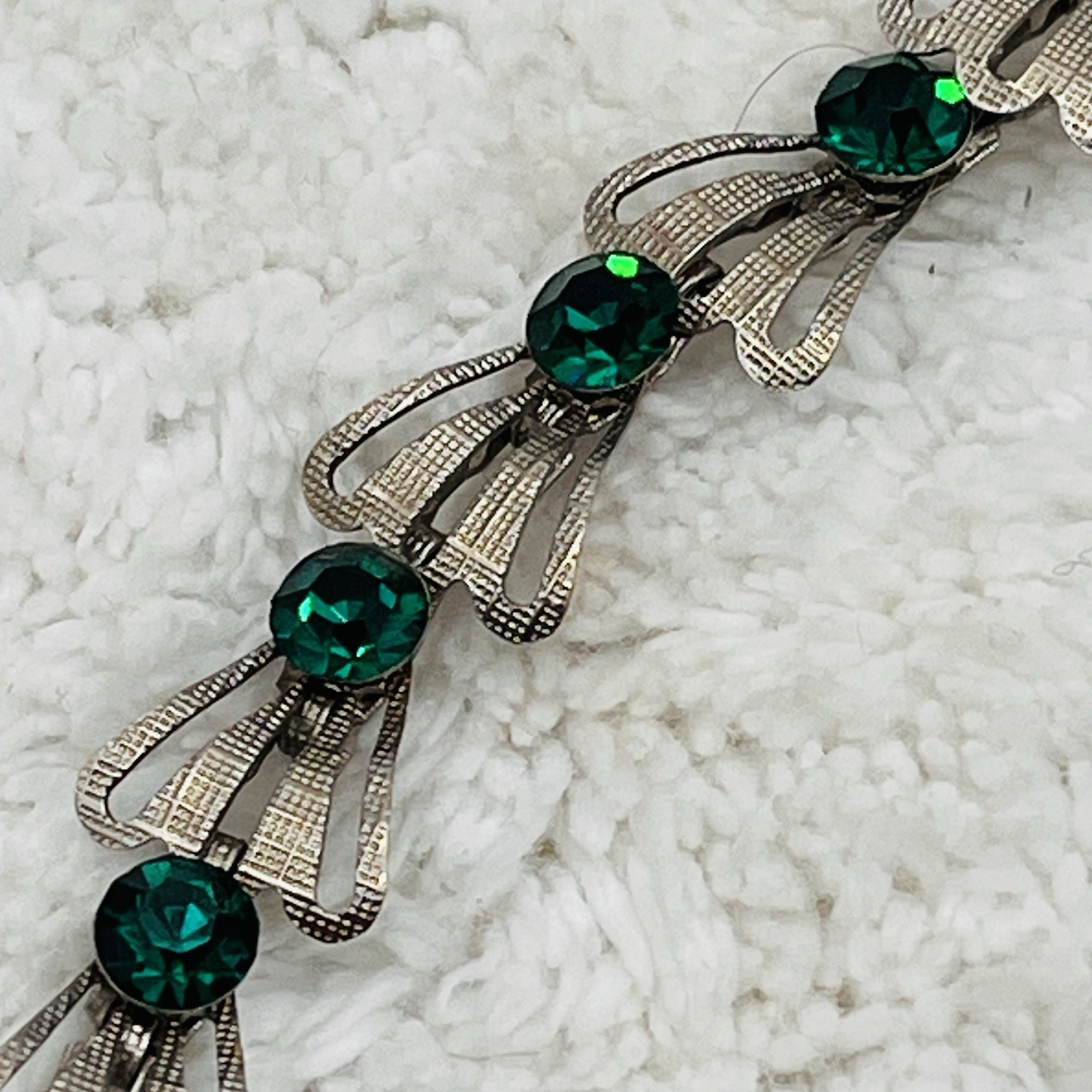 Vintage Green Rhinestone Bracelet Silver Tone Fan Link Open Work Deco Style