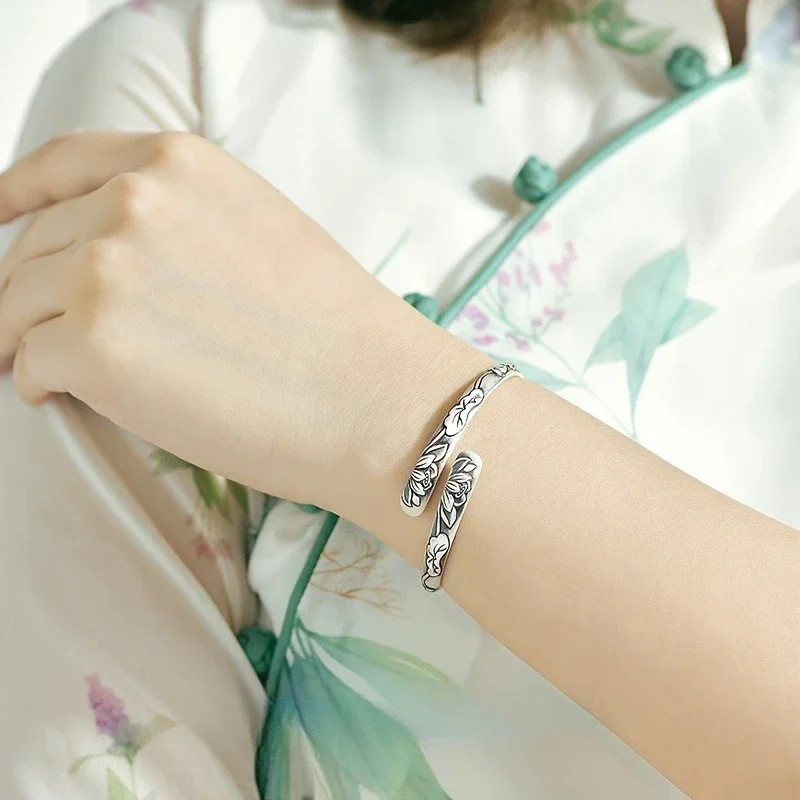 Vintage 925 Silver Lotus Flower Cuff Bracelet Adjustable Bangle for Women
