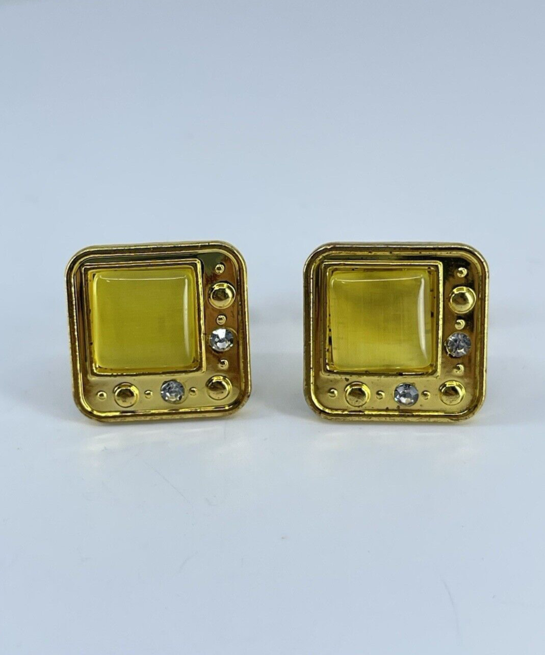 gold tone square yellow glass cufflinks white rhinestones accents bullet backs