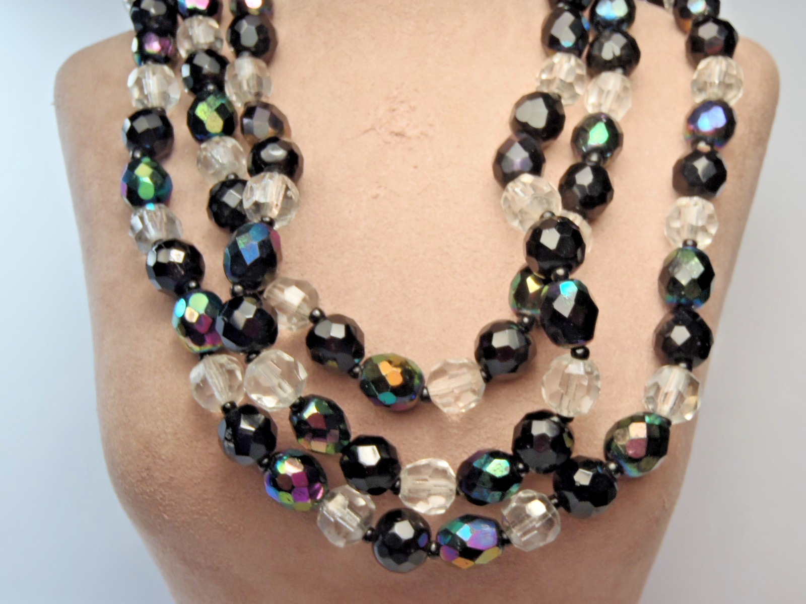Estate Iridescent Black and Clear Faceted Glass Triple-Strand Necklace