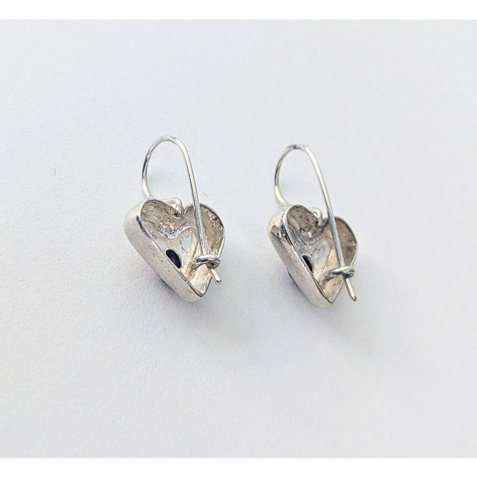 Vintage Sterling Silver Garnet Cabachon 2 Tone Heart Hook Back Earrings