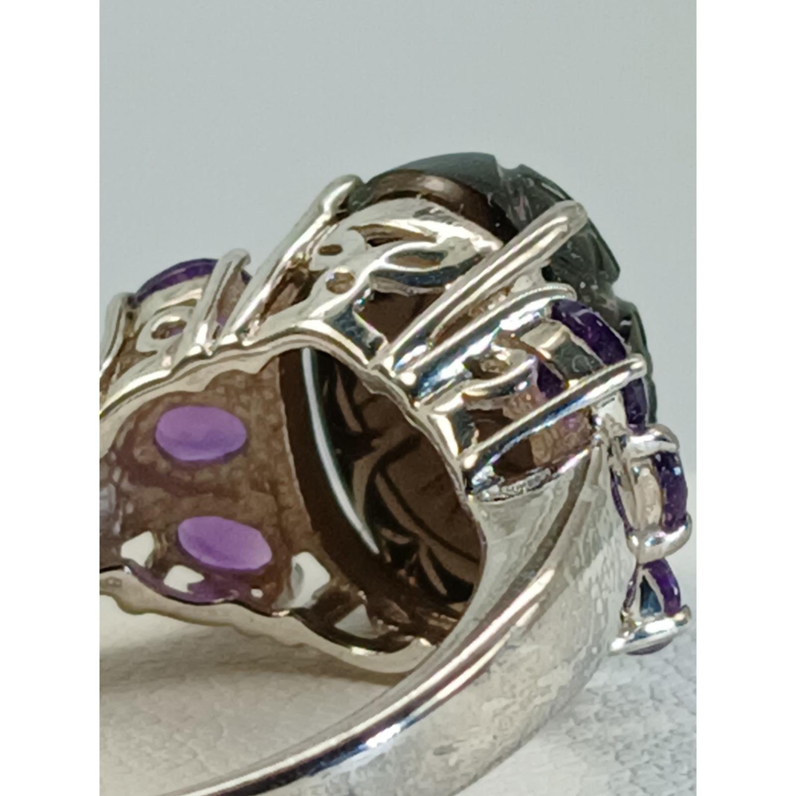 Vintage 1990s Thailand CBS 925 Sterling Silver Carved Onyx Amethyst Ring Size 8