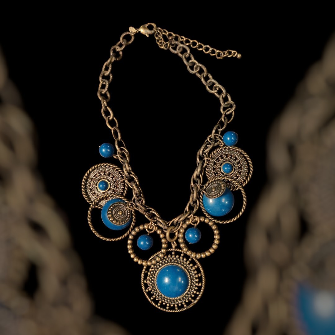 Antique PILGRIM Brass Blue Cabochon Bohemian Y2K Vintage Necklace