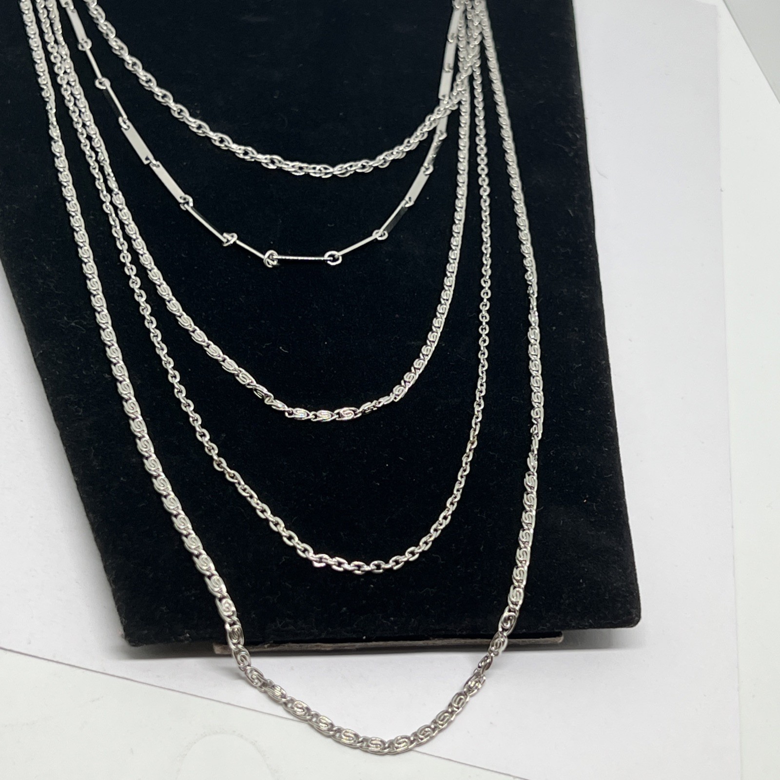 Vintage Silver Tone Layered Chain Statement Necklace 5 Strand