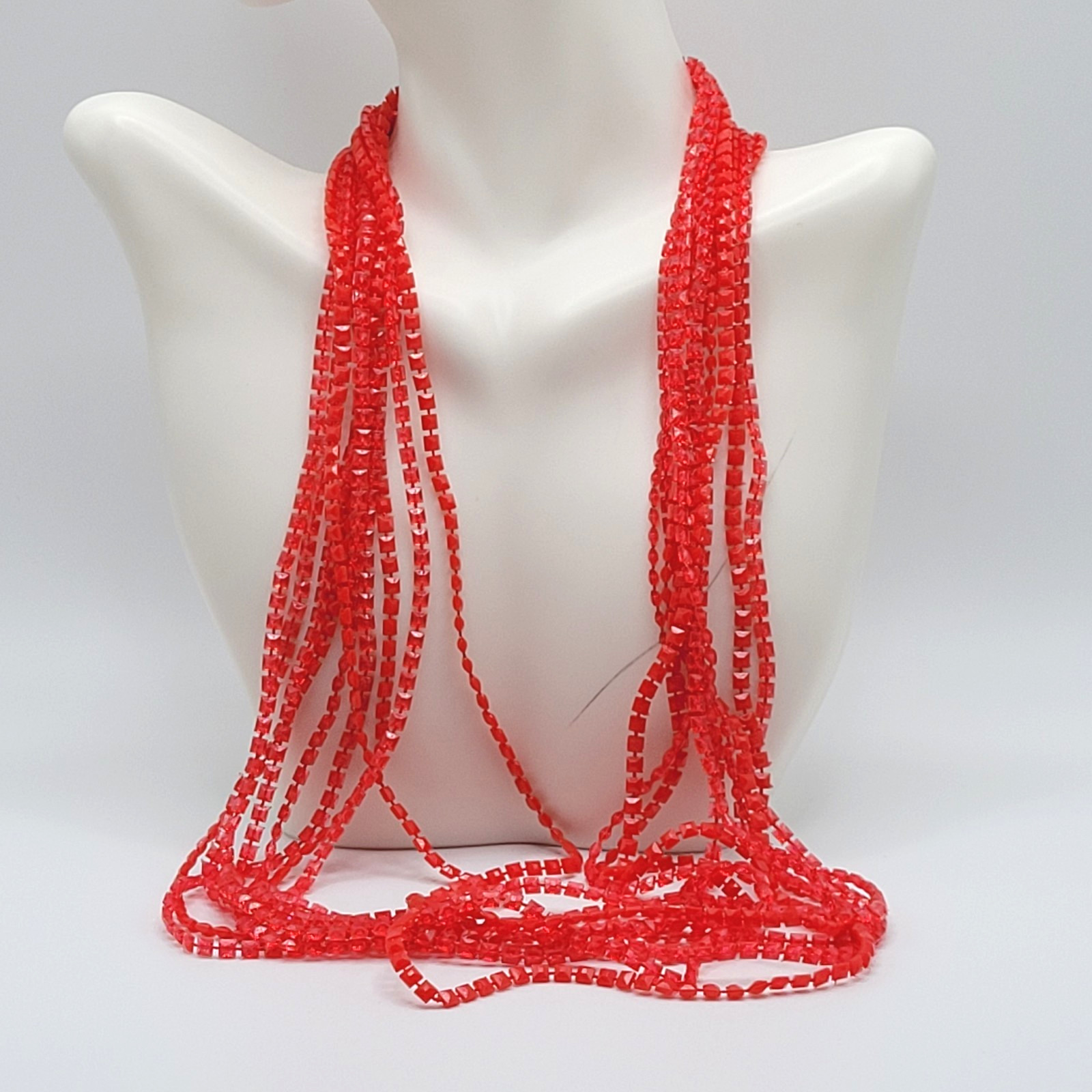 Vintage Red Multi Strand Plastic Square Beaded Solid & Clear Bead Necklace 48 In