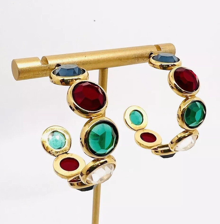 Large Multicolored Bezel Set Crystal Hoop Earrings Posts Vintage Jewelry