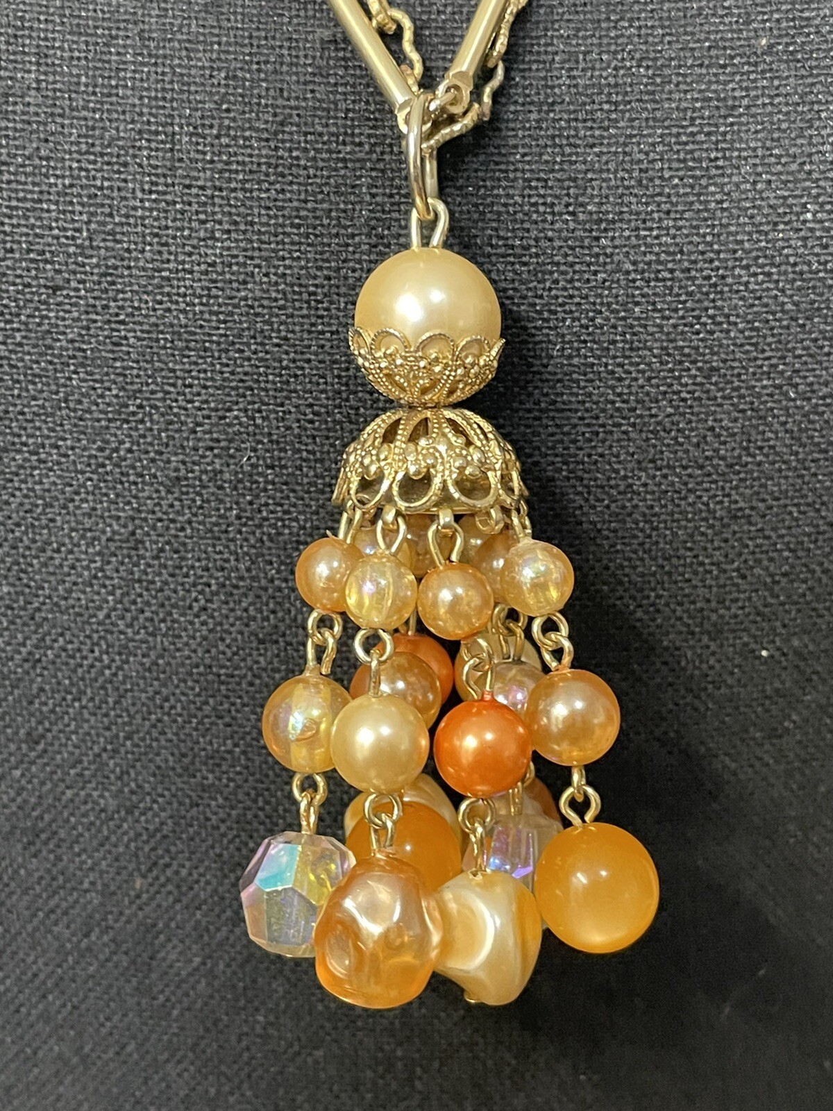 Vintage Beaded necklace w/ unreadable makers mark Orange and Goldtone