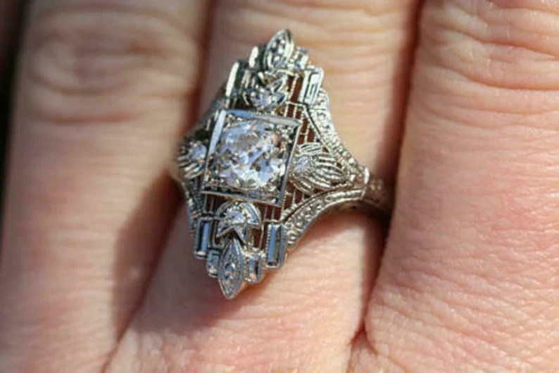 1.5Ct Art Deco Style Lab Created Diamond 14K White Gold FN Filigree Wedding Ring