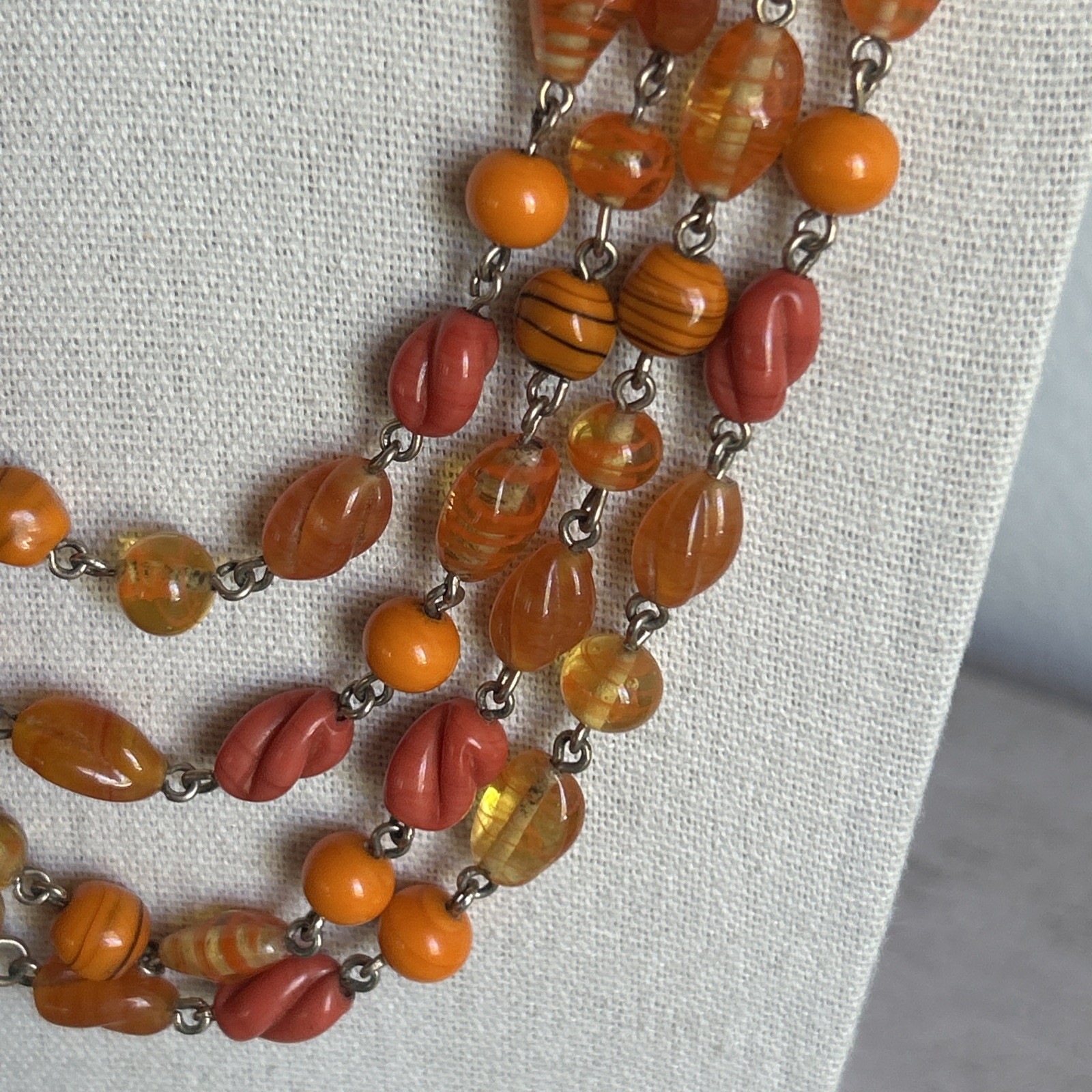 Multi Strand Glass Bead Necklace Orange Yellow Coral Vintage Statement Jewelry