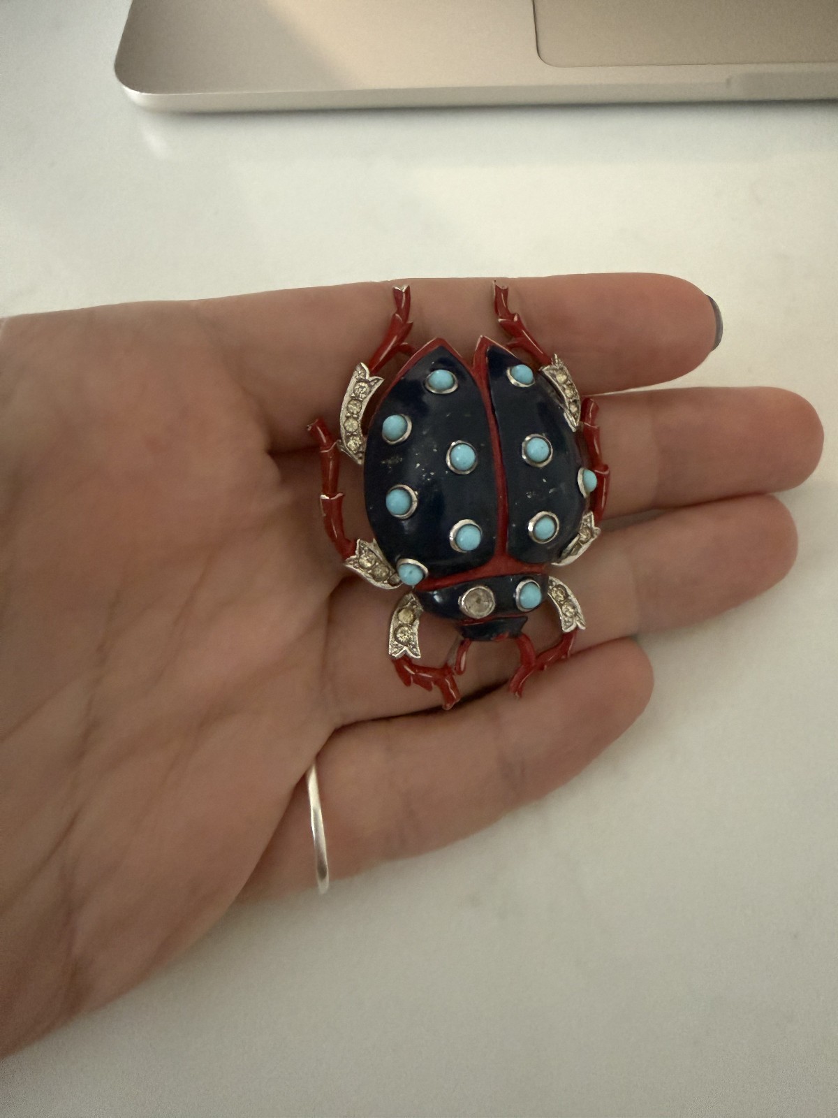 Trifari ‘Alfred Philippe’ Pave Navy Enamel/Turquoise Cabochons Ladybug Pin Clip