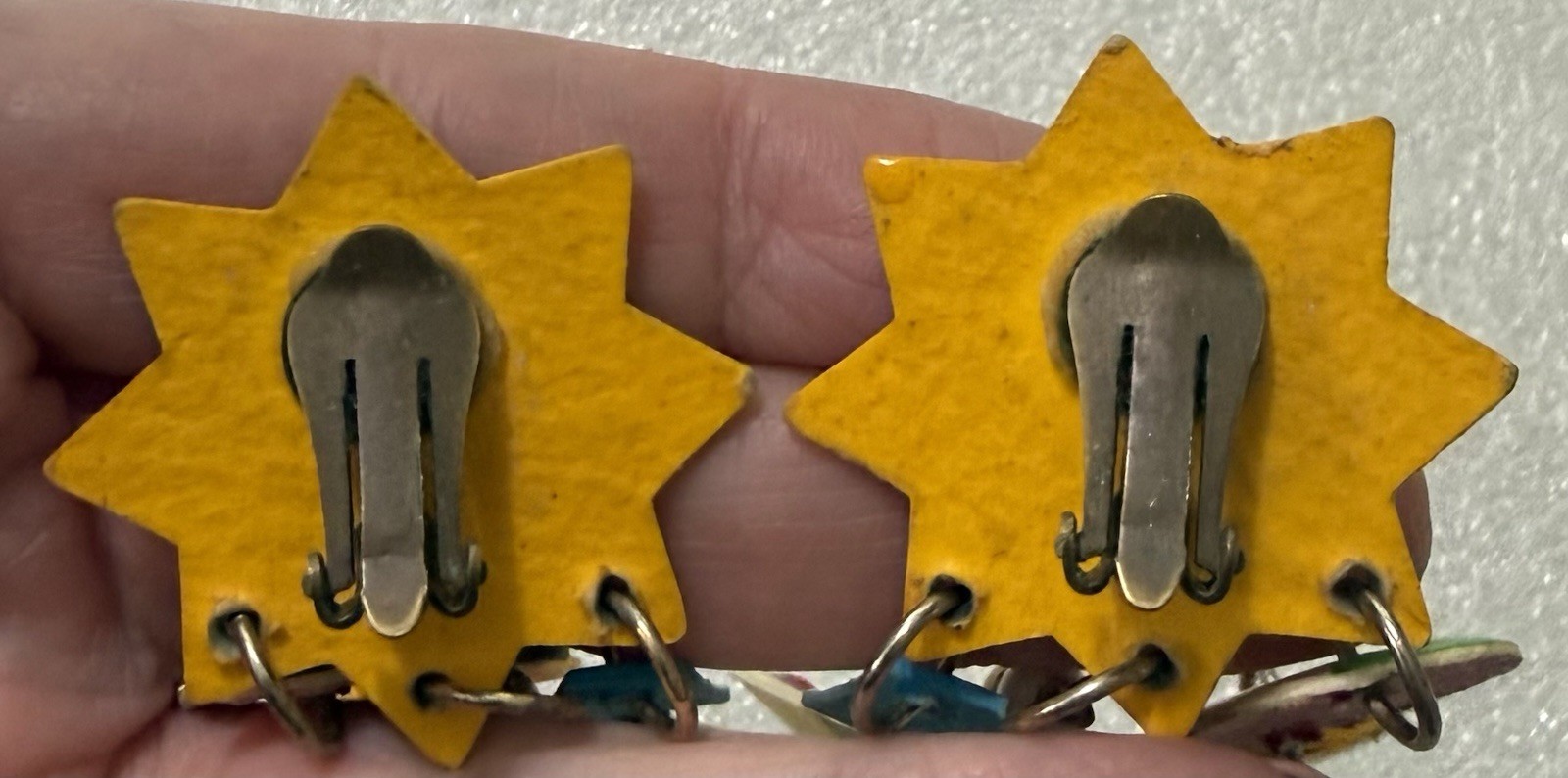 HUGE 1980s Wearable Folk Art Signed Mari SUN BEACH FUN Mixed Media Clip Earrings