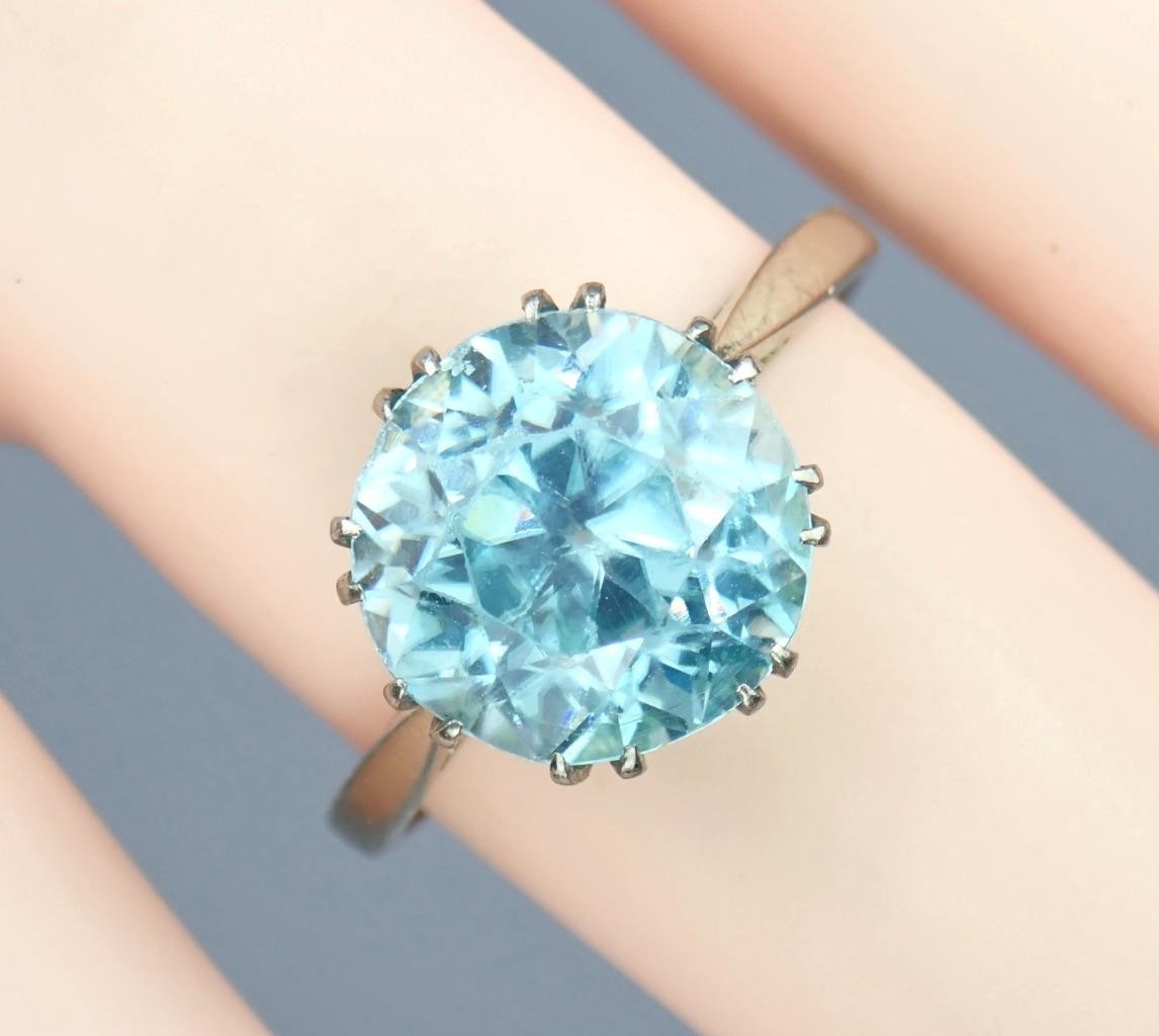 Antique Art Deco 18K Gold 5.4ct Old Cut Blue Zircon Solitaire Engagement Ring 6